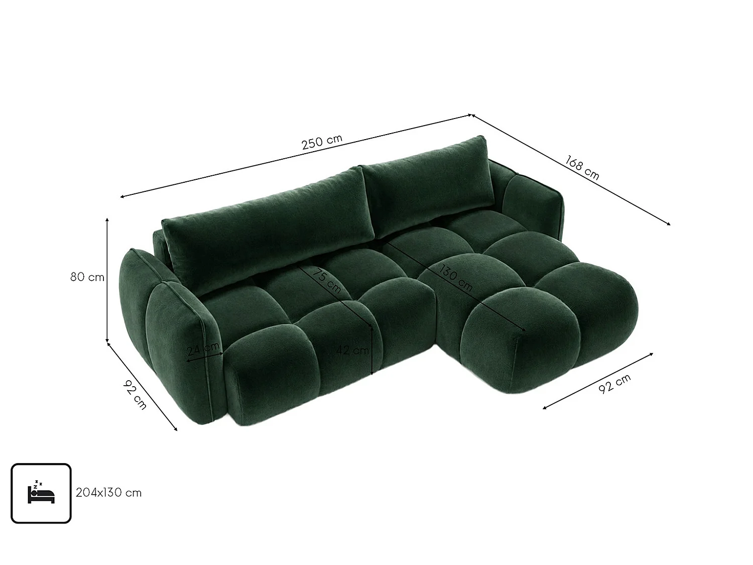 Divano angolare a L con funzione letto, tessuto velluto Bluvel, verde, destra, BELVEDER L