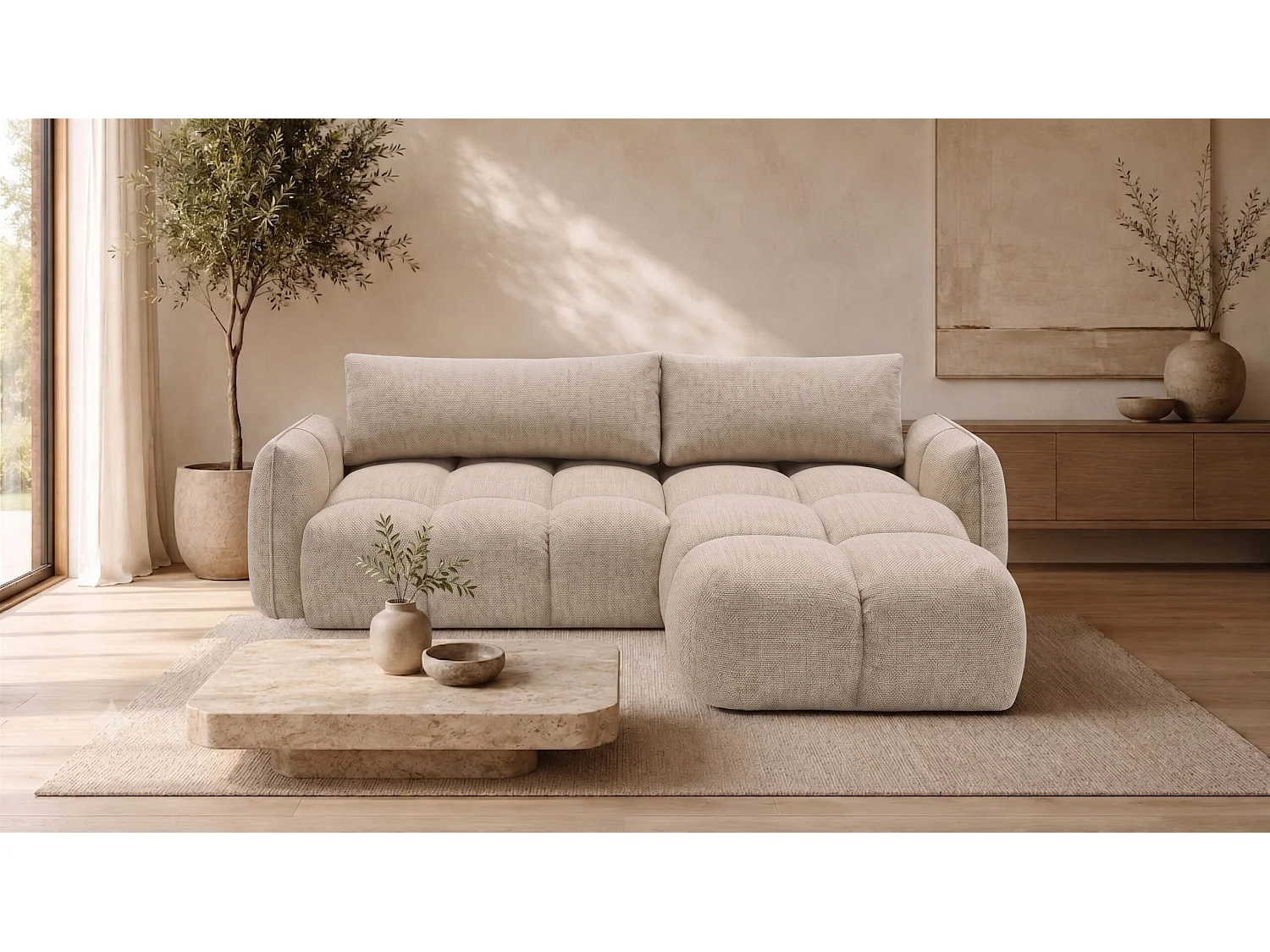 Canapé d’angle en L avec fonction couchage, Nexi, beige clair, droite, BELVEDER L