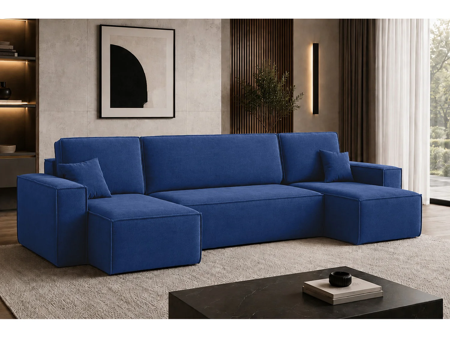 Canapé d’angle en U avec fonction couchage et coffre de rangement, tissu velours Bluvel, bleu encre, BEST U