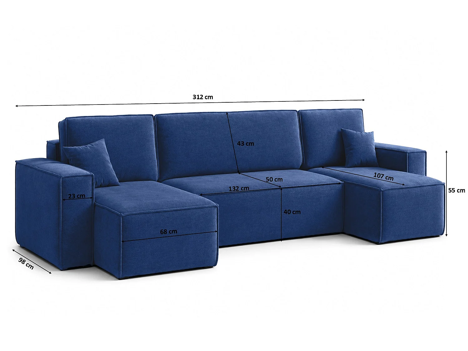 Canapé d’angle en U avec fonction couchage et coffre de rangement, tissu velours Bluvel, bleu encre, BEST U