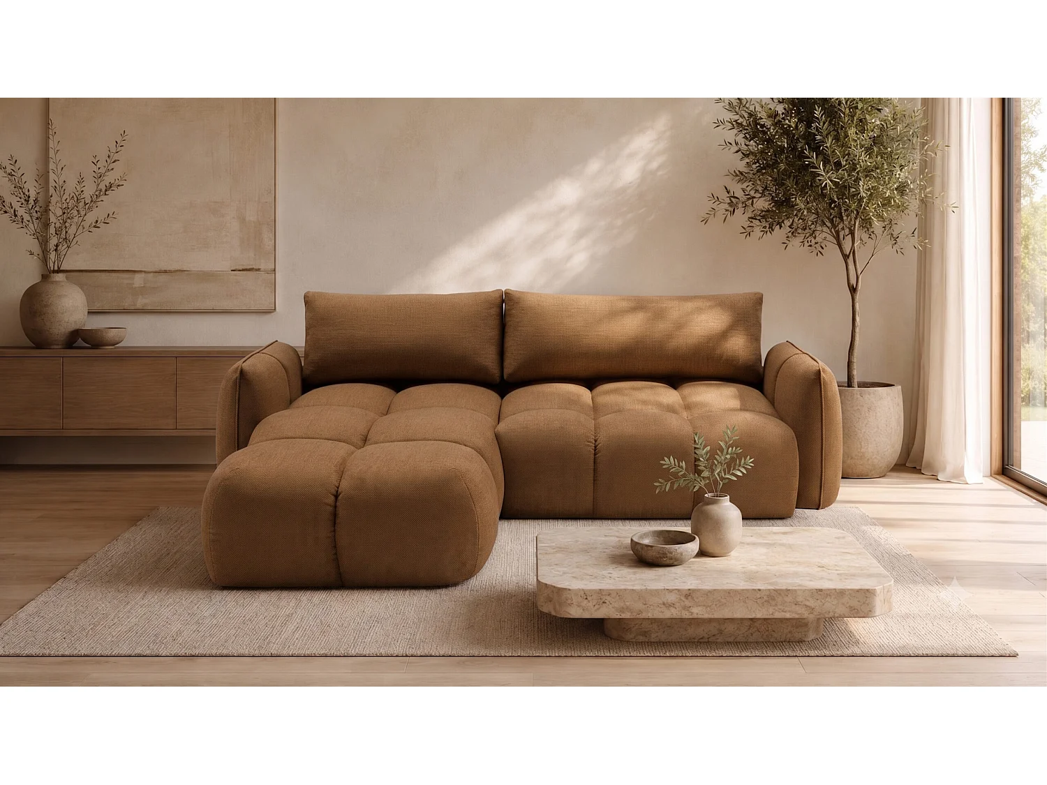 Canapé d’angle en L avec fonction couchage, Nexi, couleur cannelle, gauche, BELVEDER L