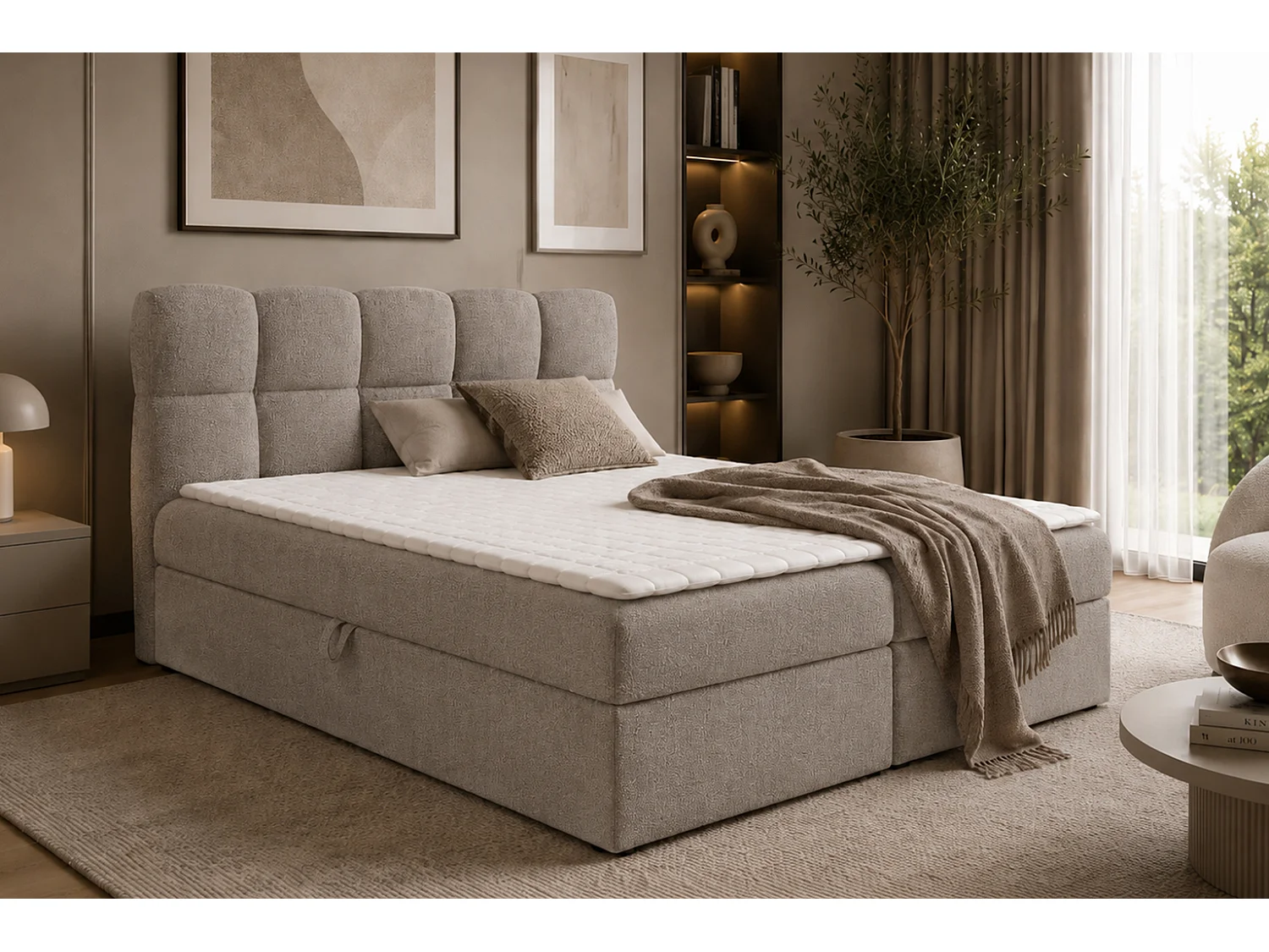 Łóżko kontynentalne z dwoma pojemnikami, tkanina boucle Coral, Taupe, 140x200 cm, NEGROS