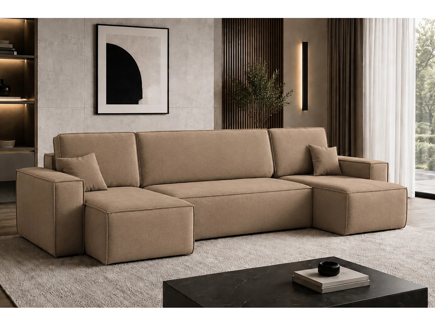Canapé d’angle en U avec fonction couchage et coffre de rangement, tissu velours Bluvel, latte, BEST U