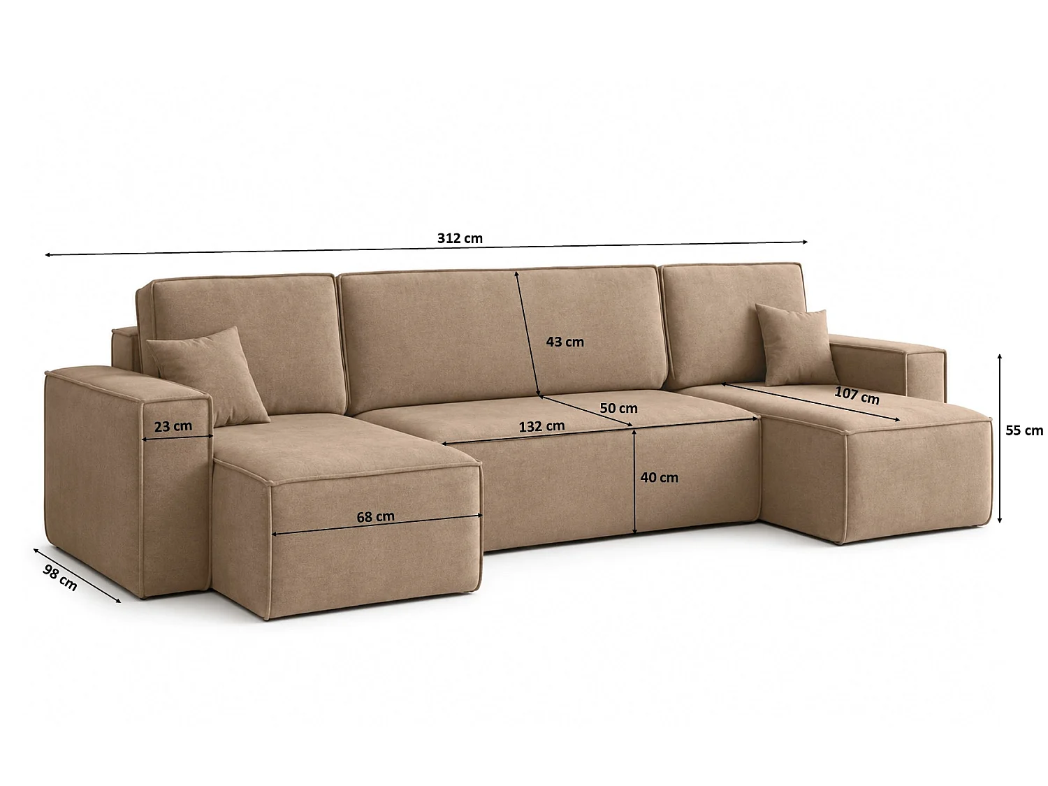 Canapé d’angle en U avec fonction couchage et coffre de rangement, tissu velours Bluvel, latte, BEST U