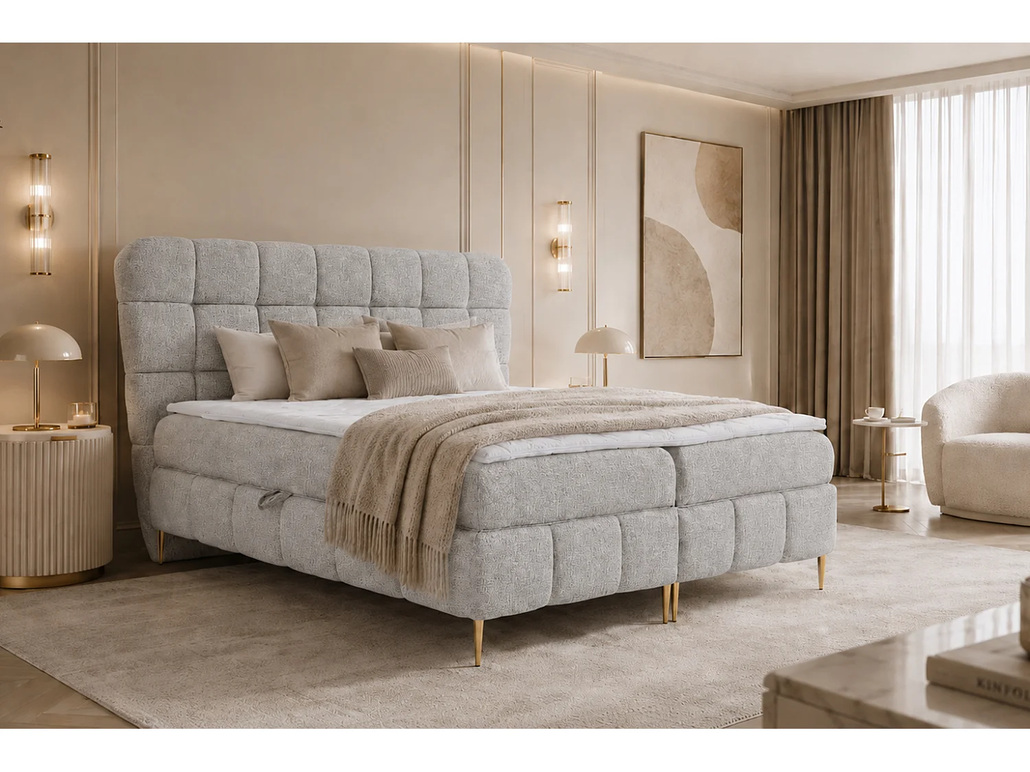 Lit boxspring avec deux coffres de rangement, tissu Corbett, gris clair, 160x200 cm, LOLLY