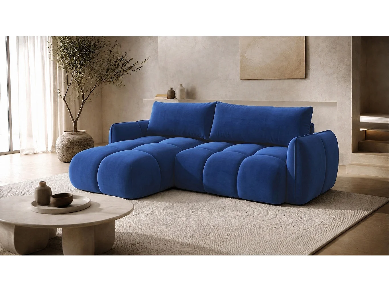 Divano angolare a L con funzione letto, tessuto velluto Bluvel, blu inchiostro, sinistra, BELVEDER L