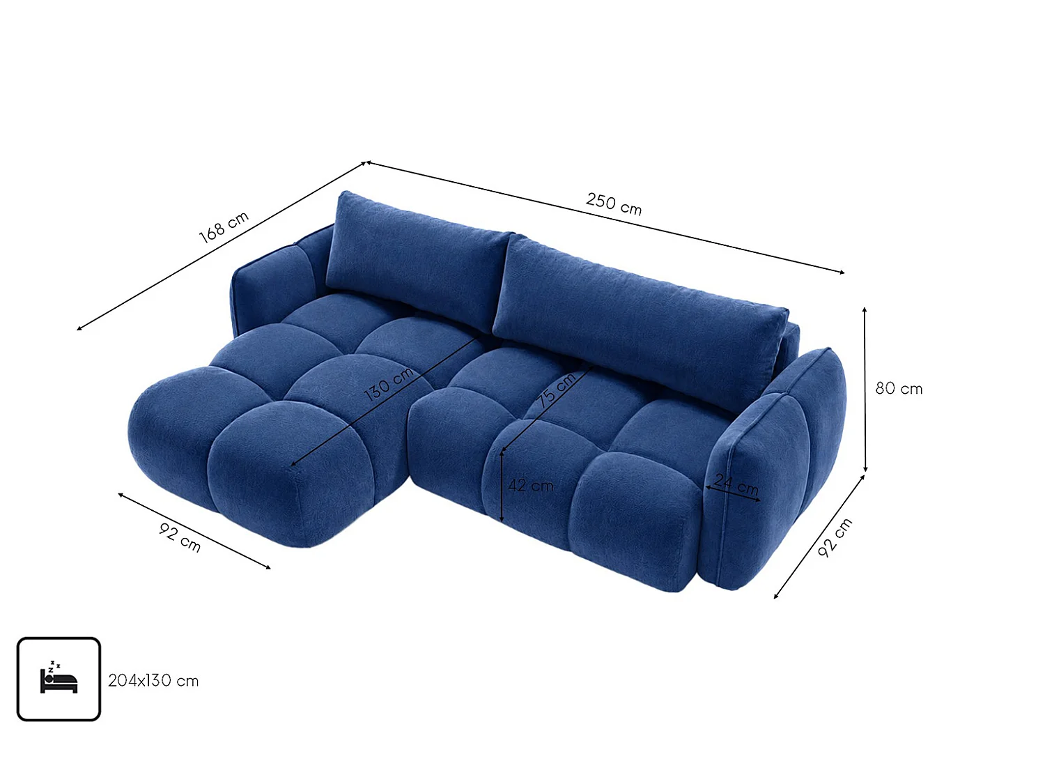Divano angolare a L con funzione letto, tessuto velluto Bluvel, blu inchiostro, sinistra, BELVEDER L