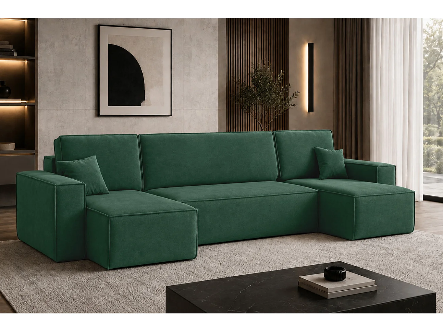 Canapé d’angle en U avec fonction couchage et coffre de rangement, tissu velours Bluvel, vert, BEST U