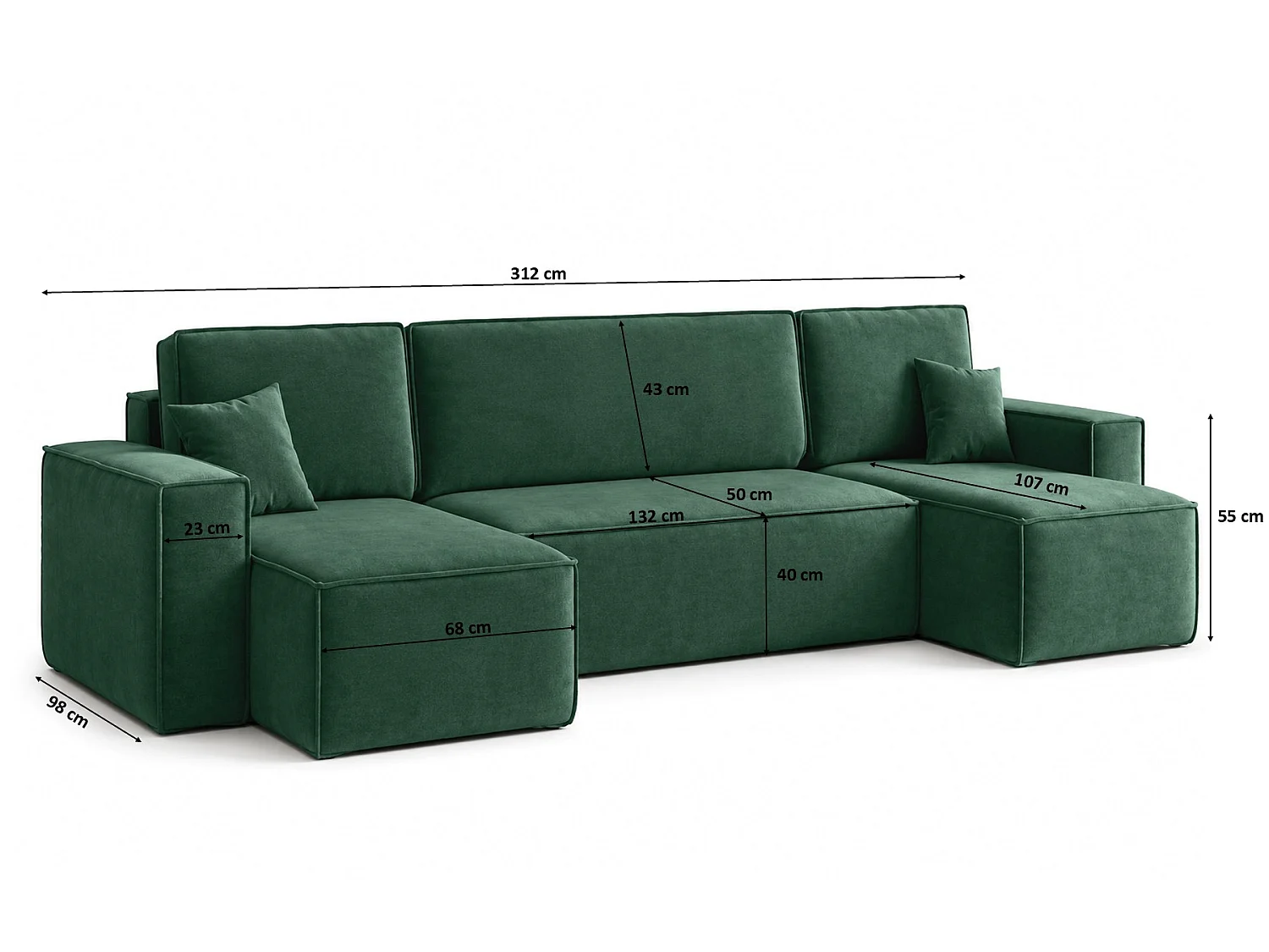 Canapé d’angle en U avec fonction couchage et coffre de rangement, tissu velours Bluvel, vert, BEST U