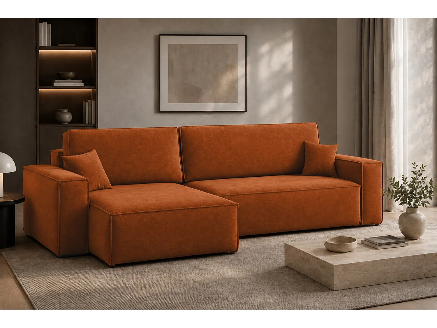Canapé d’angle en L avec fonction couchage et coffre de rangement, tissu velours Bluvel, cannelle, gauche, BEST XL