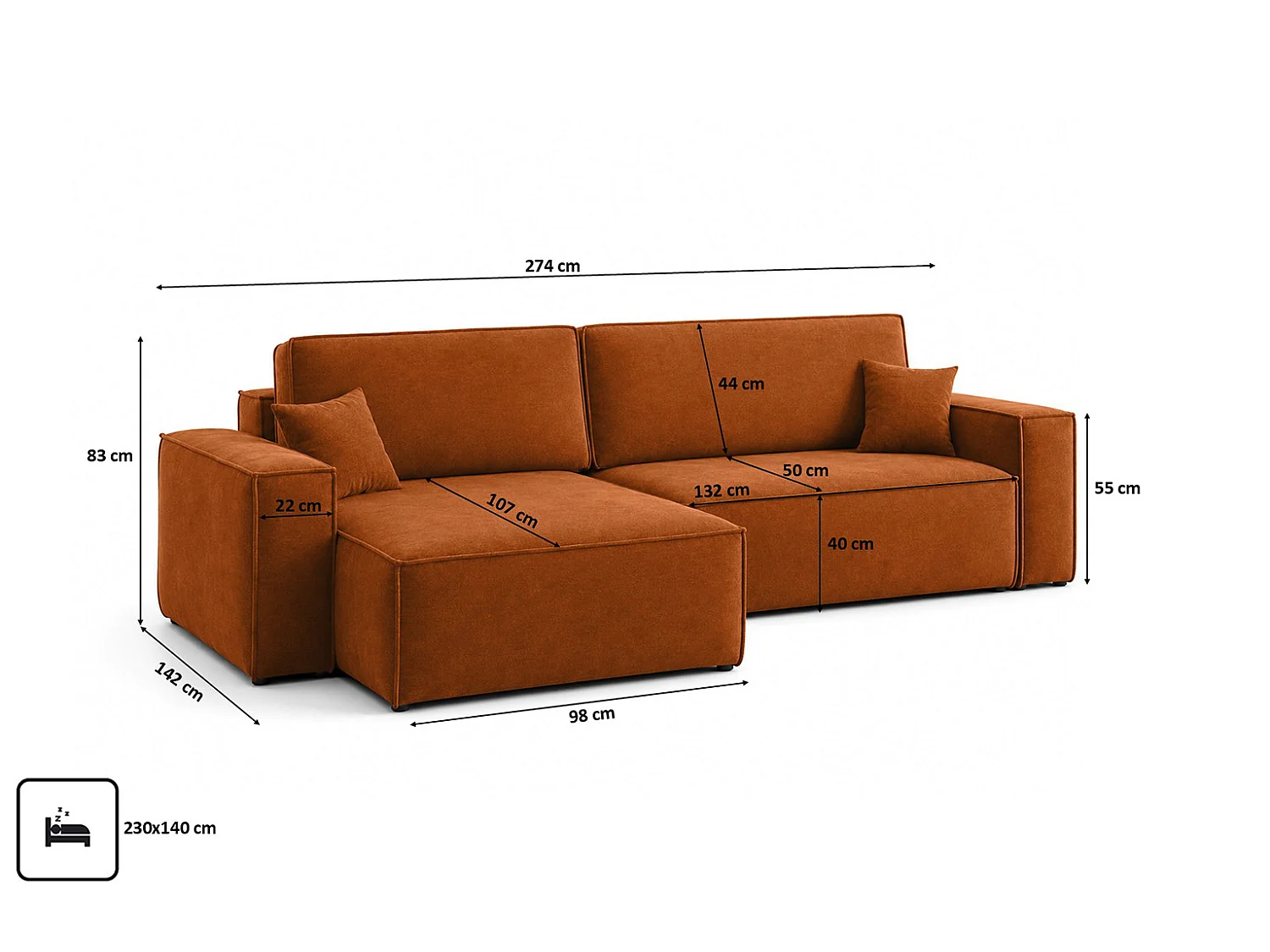 Canapé d’angle en L avec fonction couchage et coffre de rangement, tissu velours Bluvel, cannelle, gauche, BEST XL