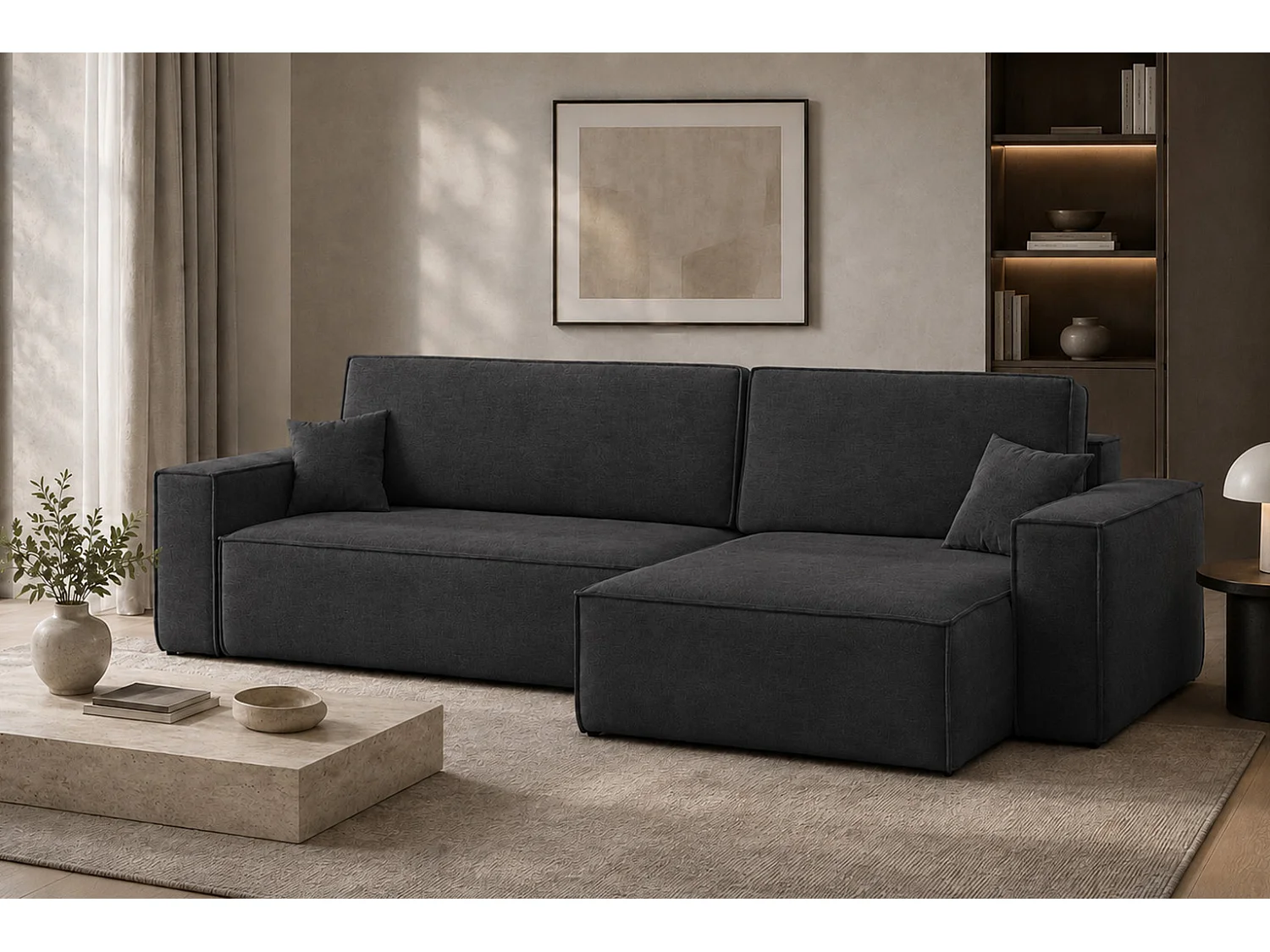 Canapé d’angle en L avec fonction couchage et coffre de rangement, tissu velours Bluvel, noir, droite, BEST XL
