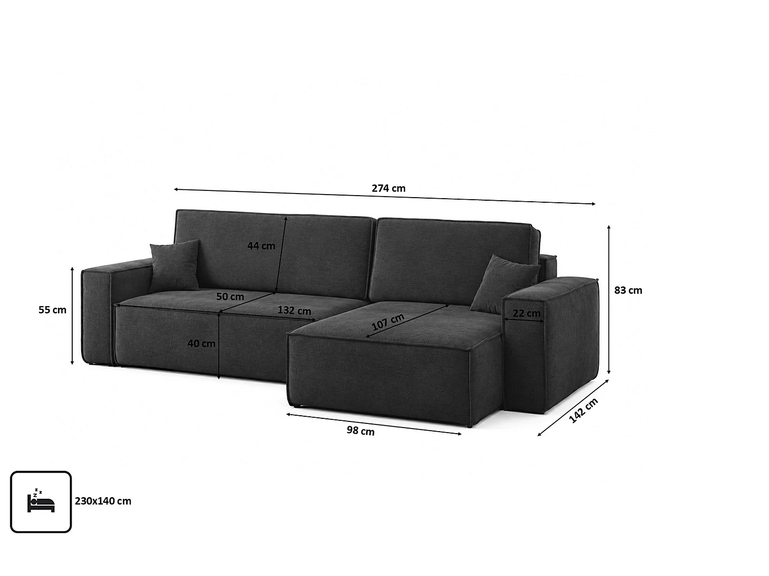 Canapé d’angle en L avec fonction couchage et coffre de rangement, tissu velours Bluvel, noir, droite, BEST XL