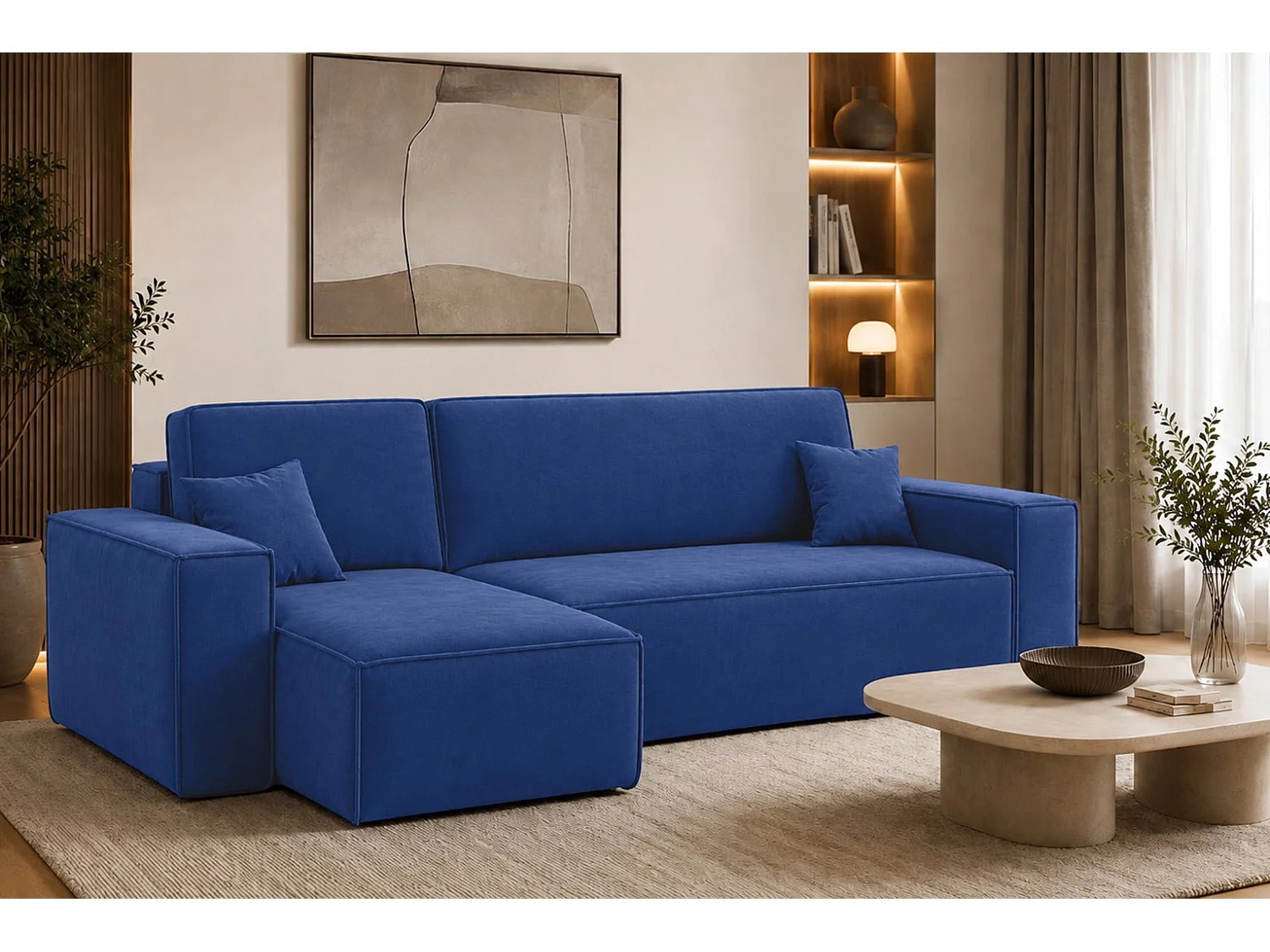 Canapé d’angle en L avec fonction couchage et coffre de rangement, tissu velours Bluvel, bleu encre, gauche, BEST L