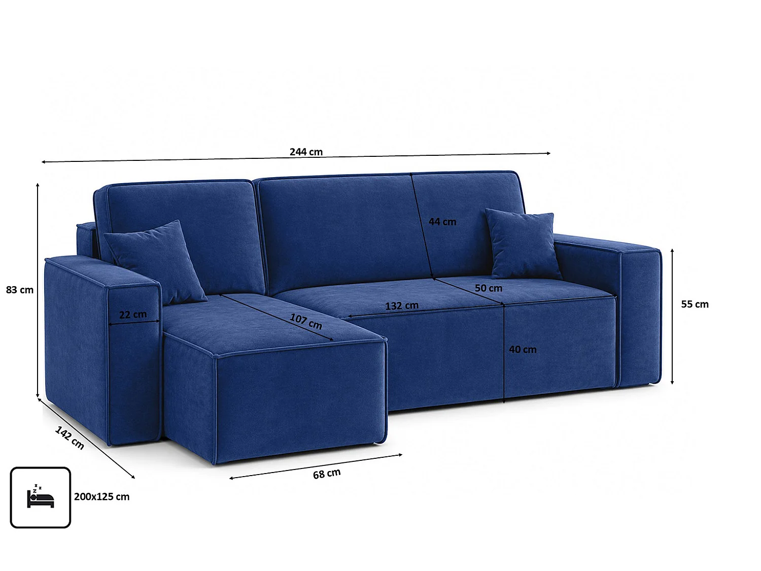 Canapé d’angle en L avec fonction couchage et coffre de rangement, tissu velours Bluvel, bleu encre, gauche, BEST L