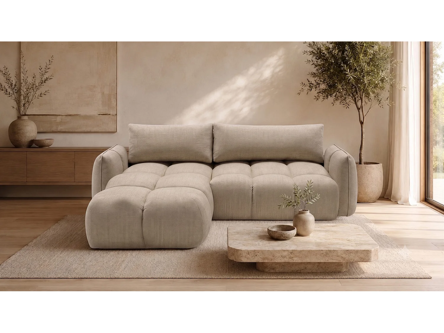 Canapé d’angle en L avec fonction couchage, Nexi, beige, gauche, BELVEDER L