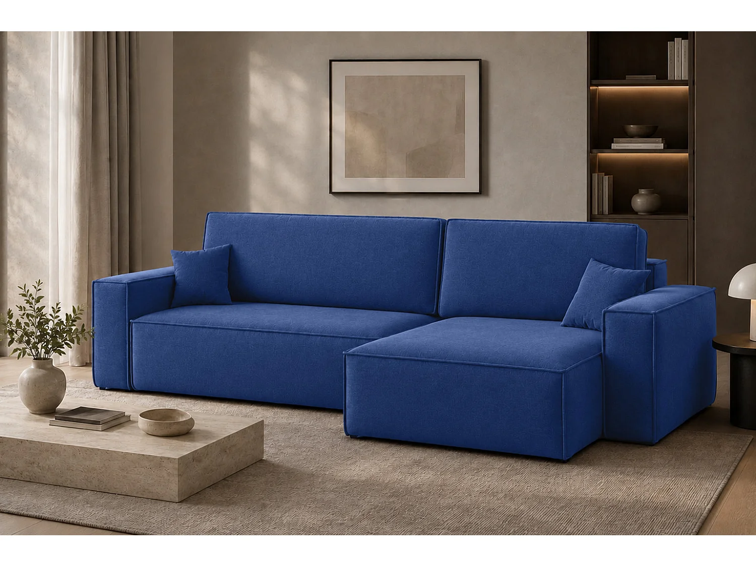 Canapé d’angle en L avec fonction couchage et coffre de rangement, tissu velours Bluvel, bleu encre, droite, BEST XL