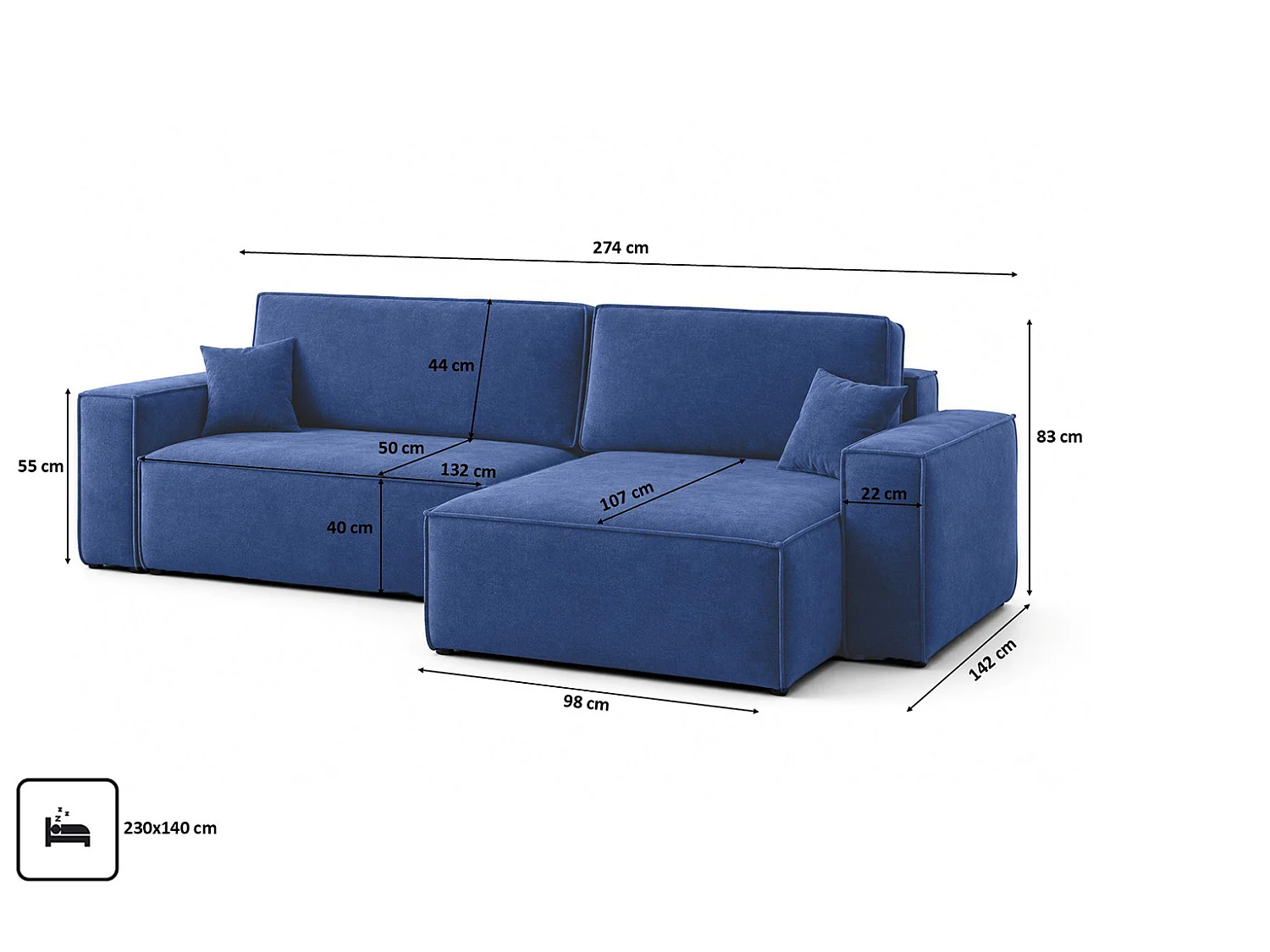 Canapé d’angle en L avec fonction couchage et coffre de rangement, tissu velours Bluvel, bleu encre, droite, BEST XL