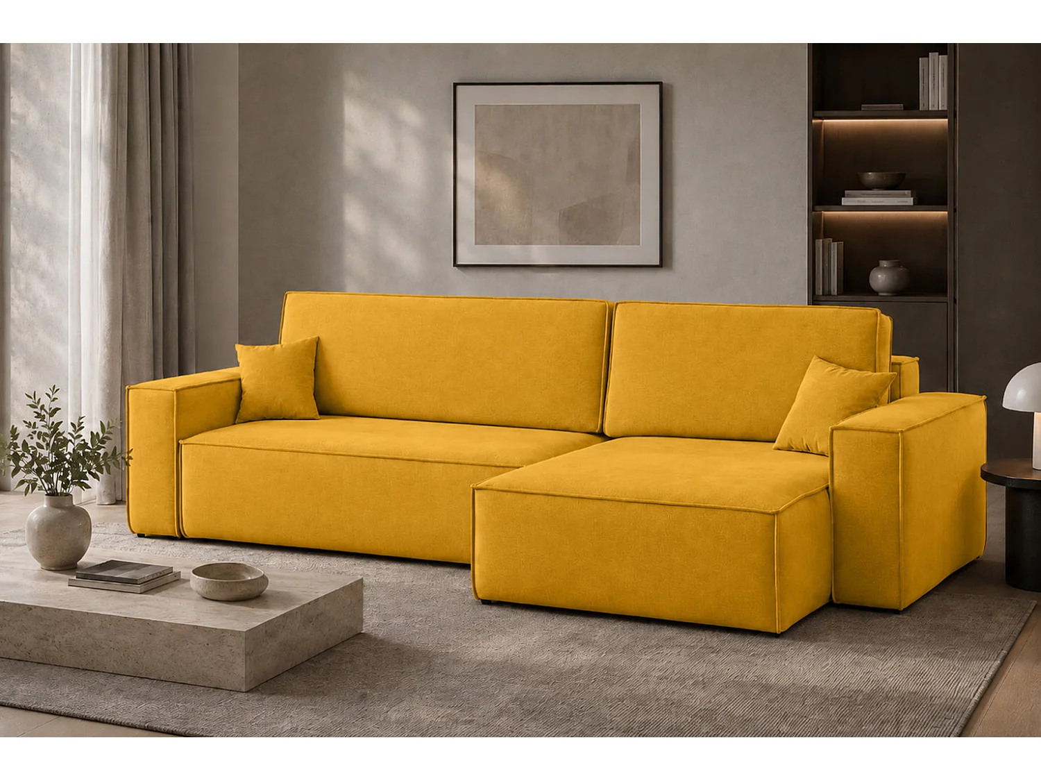 Canapé d’angle en L avec fonction couchage et coffre de rangement, tissu velours Bluvel, doré, droite, BEST XL