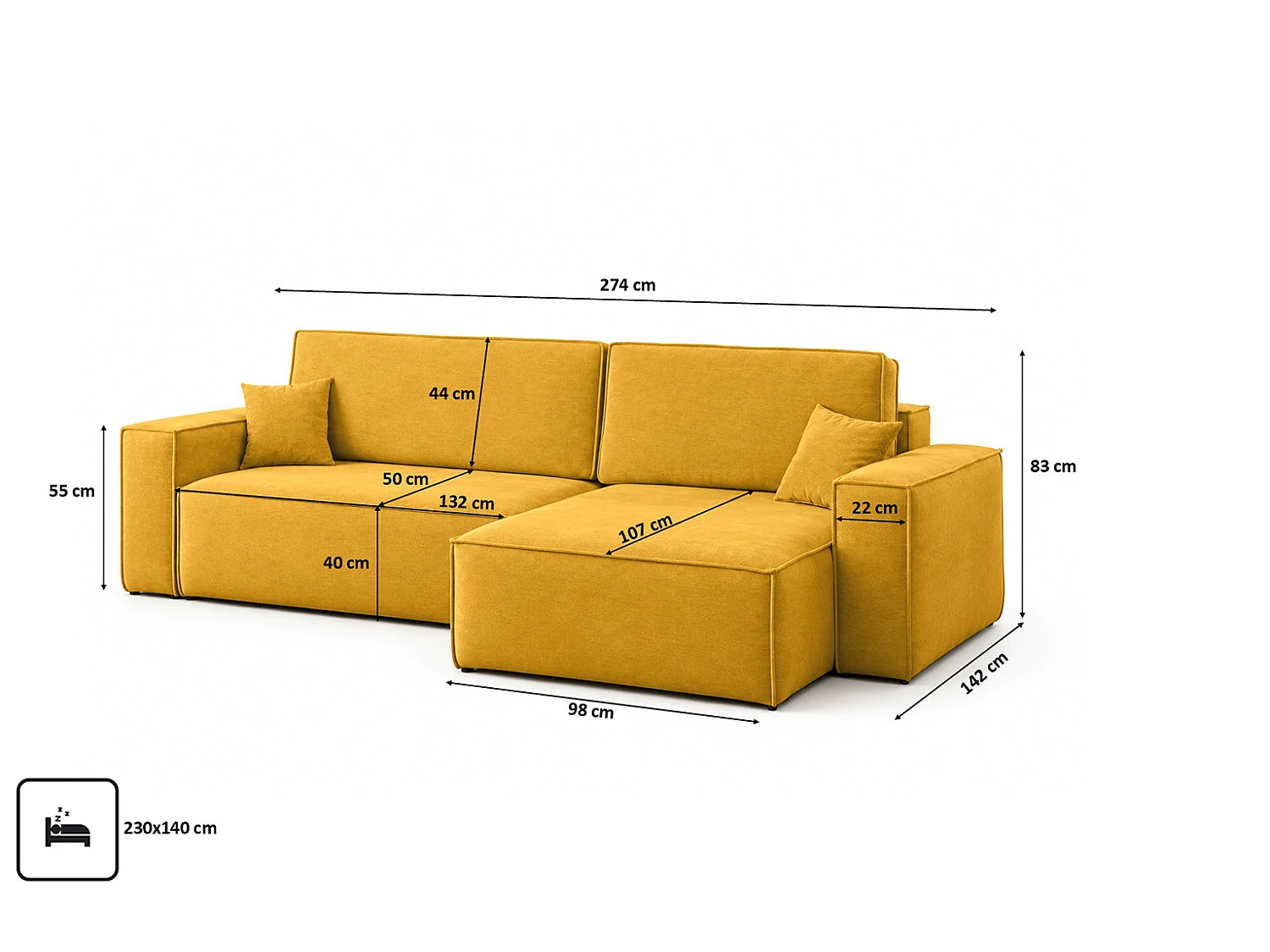 Canapé d’angle en L avec fonction couchage et coffre de rangement, tissu velours Bluvel, doré, droite, BEST XL