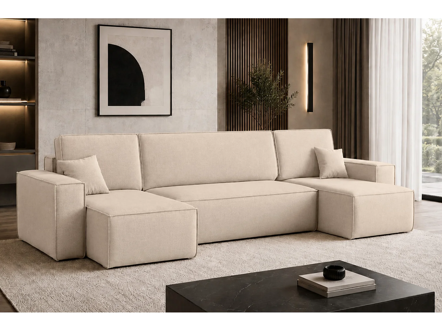 Canapé d’angle en U avec fonction couchage et coffre de rangement, tissu velours Bluvel, crème, BEST U
