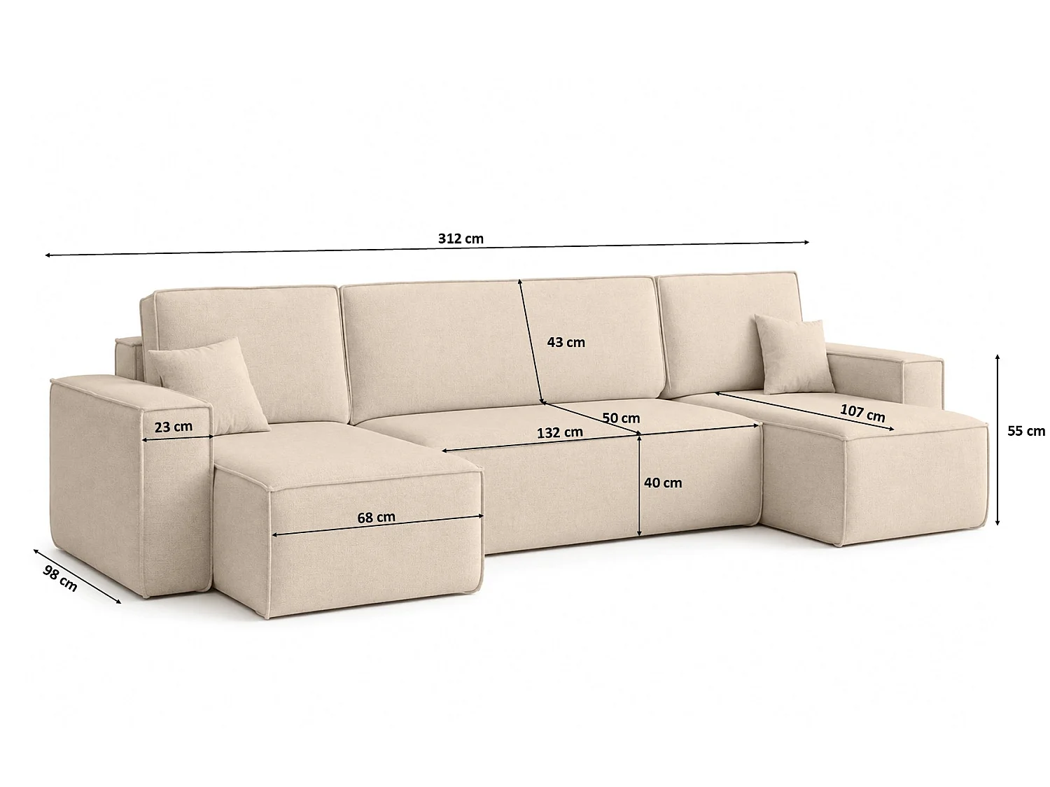 Canapé d’angle en U avec fonction couchage et coffre de rangement, tissu velours Bluvel, crème, BEST U