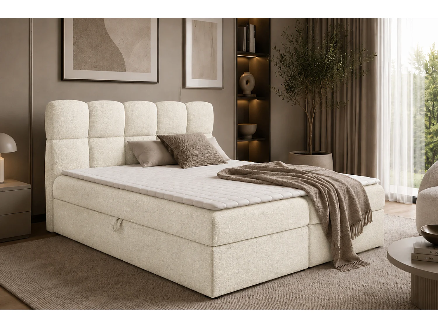Lit boxspring avec deux coffres de rangement, tissu bouclé Coral, beige, 200x200 cm, NEGROS