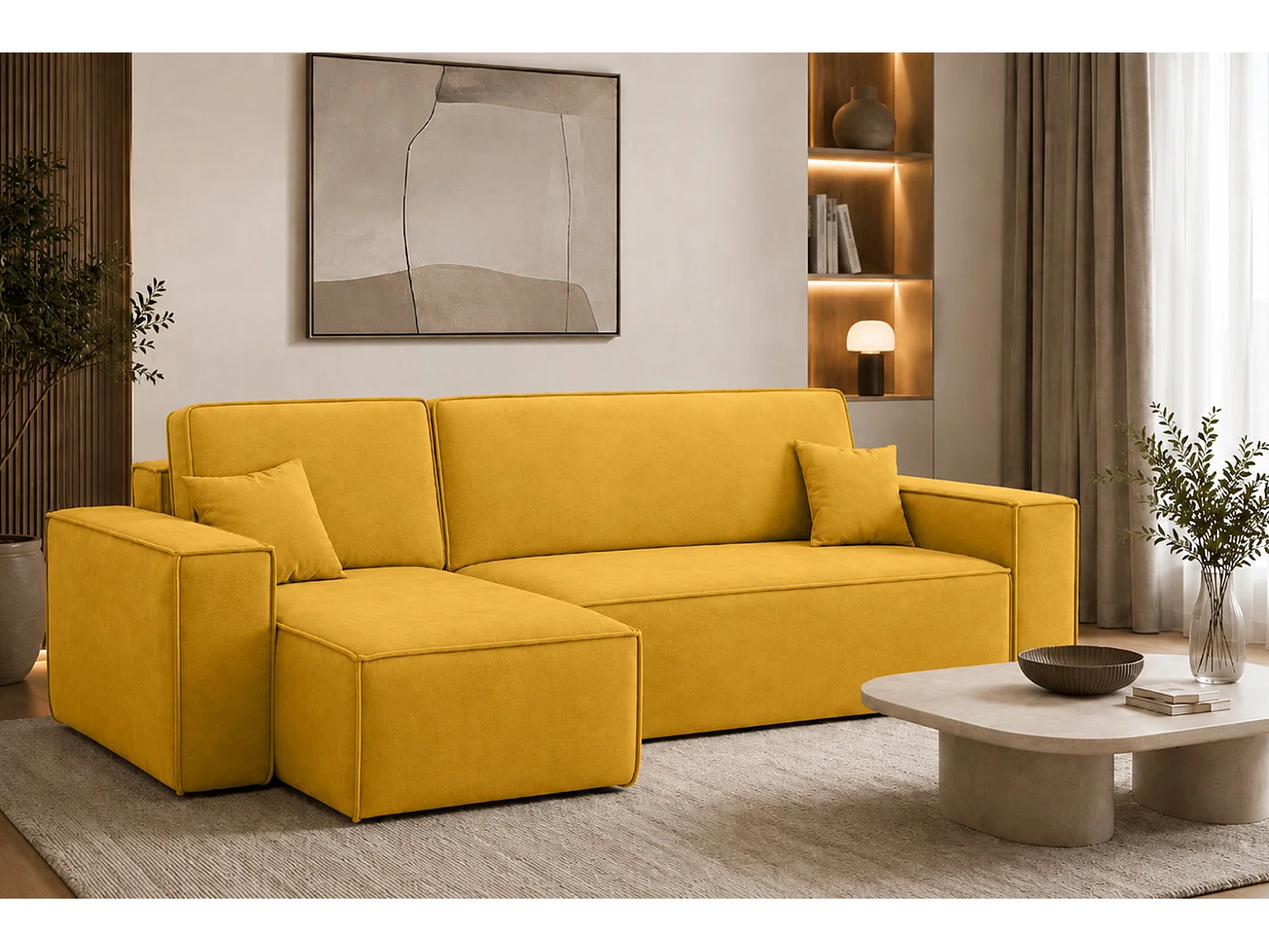 Canapé d’angle en L avec fonction couchage et coffre de rangement, tissu velours Bluvel, doré, gauche, BEST L