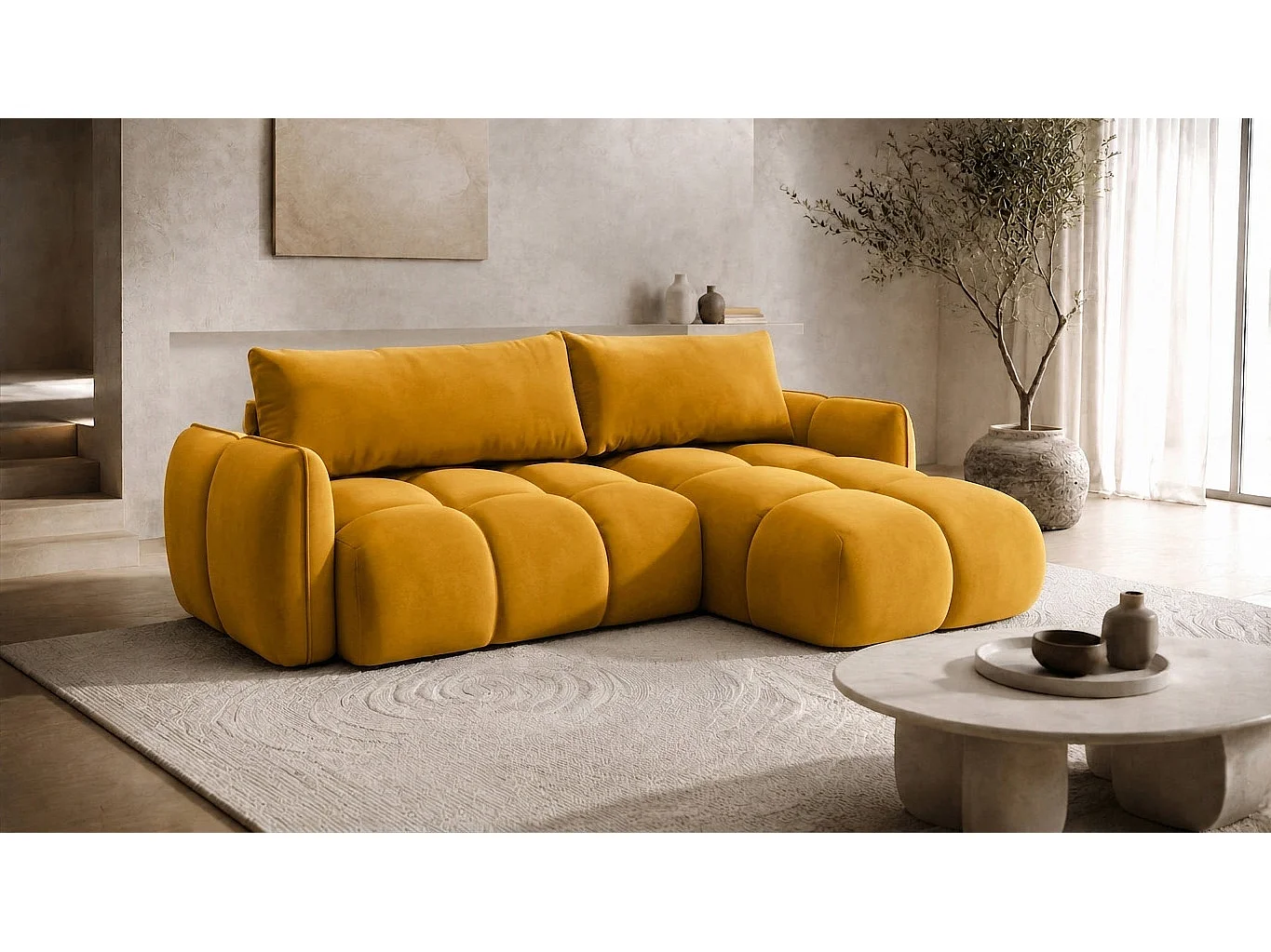 Divano angolare a L con funzione letto, tessuto velluto Bluvel, dorato, destra, BELVEDER L
