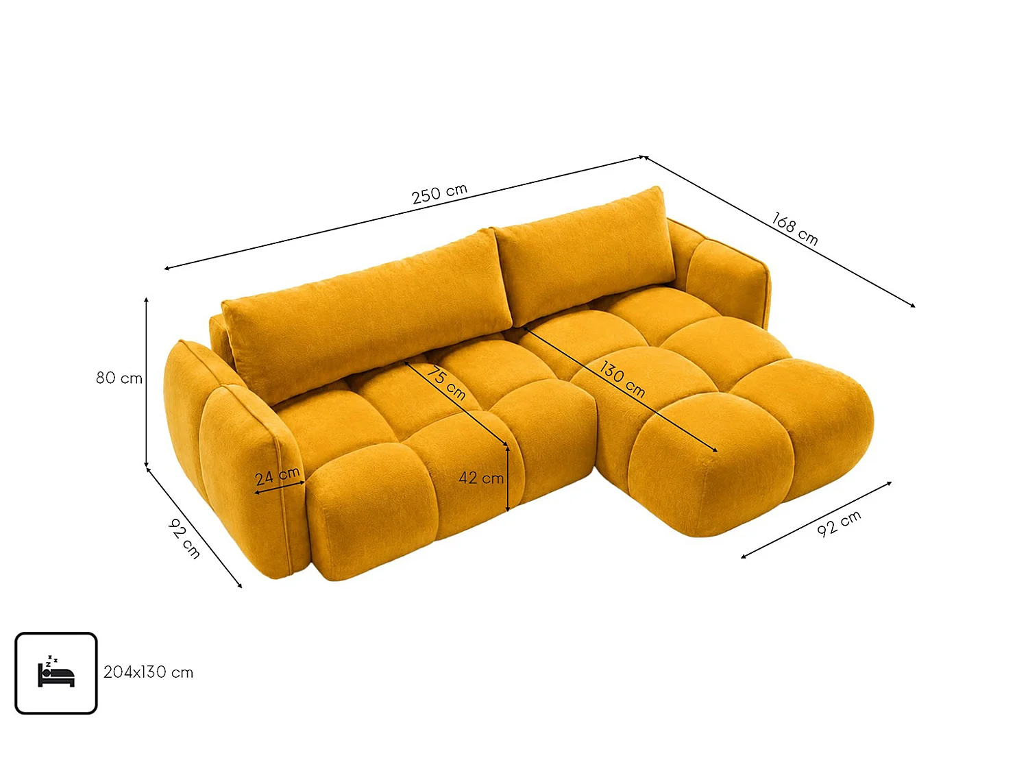 Divano angolare a L con funzione letto, tessuto velluto Bluvel, dorato, destra, BELVEDER L