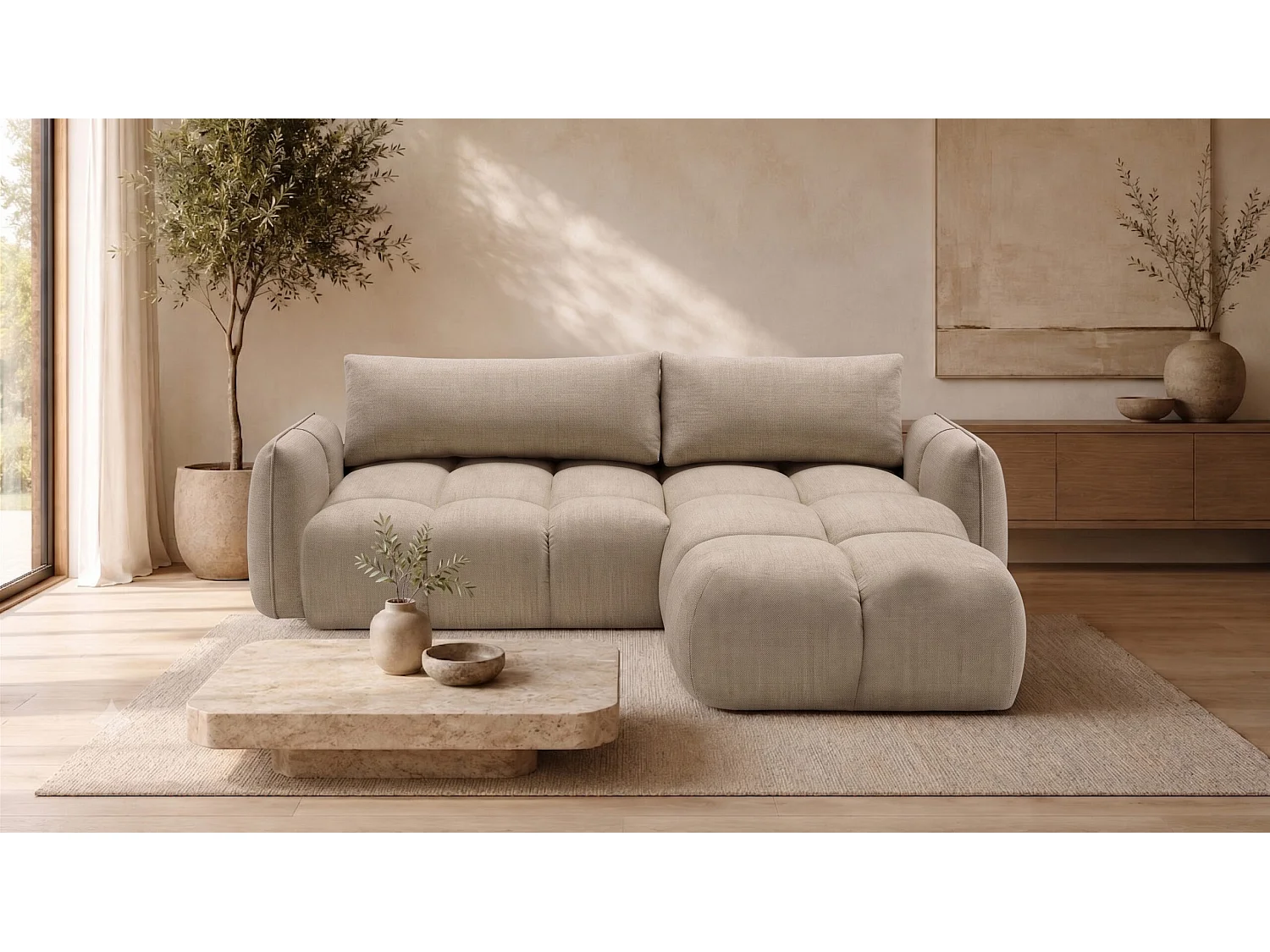 Canapé d’angle en L avec fonction couchage, Nexi, beige, droite, BELVEDER L