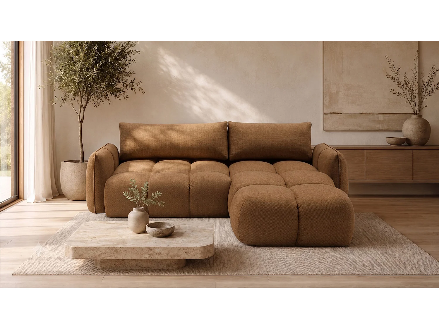 Canapé d’angle en L avec fonction couchage, Nexi, couleur cannelle, droite, BELVEDER L