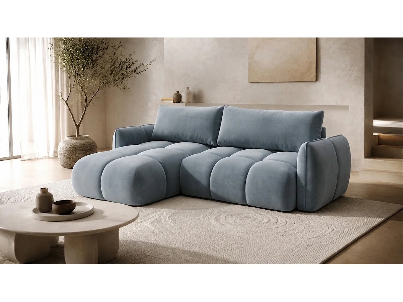 Canapé d’angle en L avec fonction couchage, tissu velours Bluvel, bleu-gris, gauche, BELVEDER L