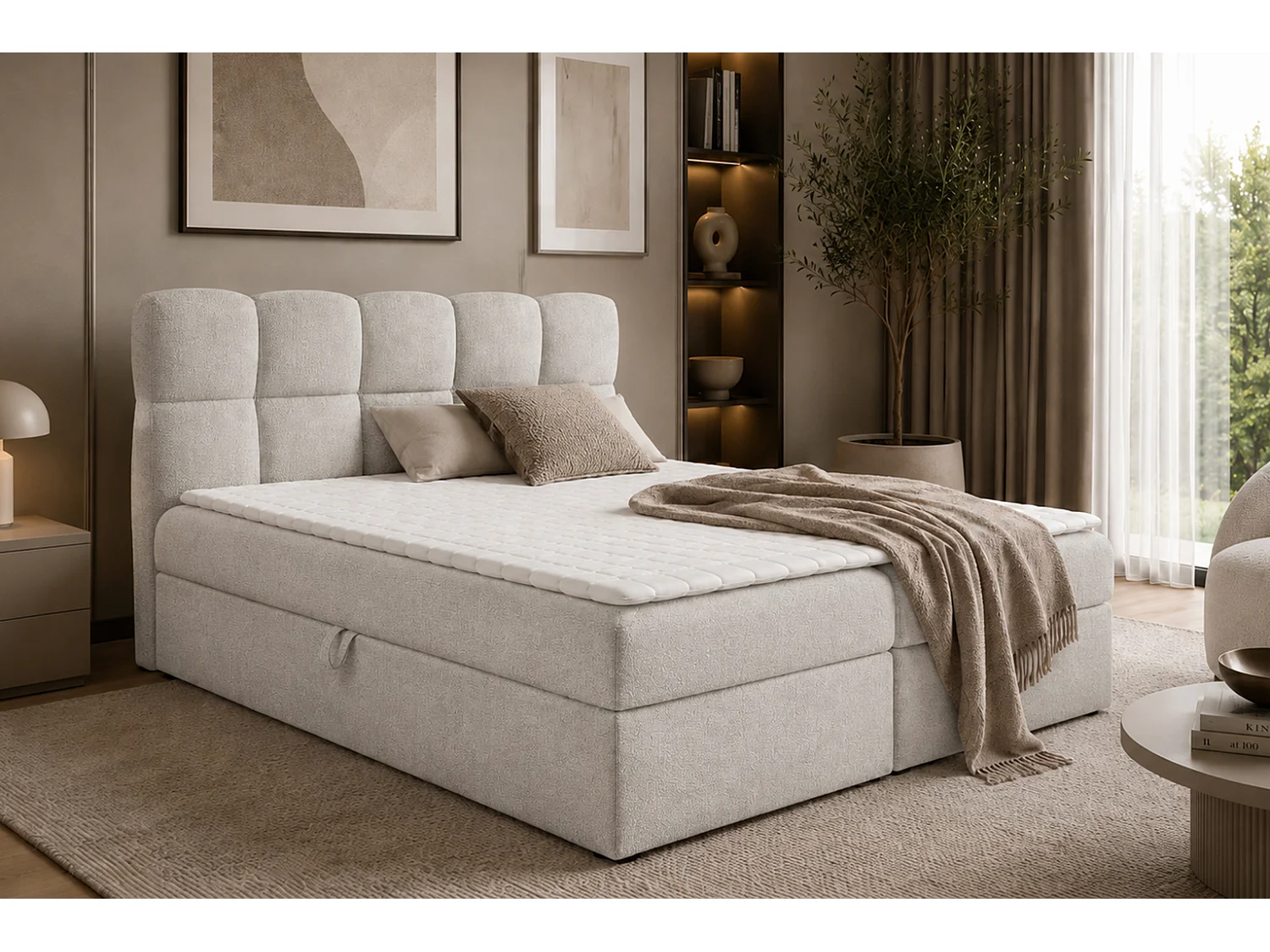 Lit boxspring avec deux coffres de rangement, tissu bouclé Coral, gris platine, 180x200 cm, NEGROS