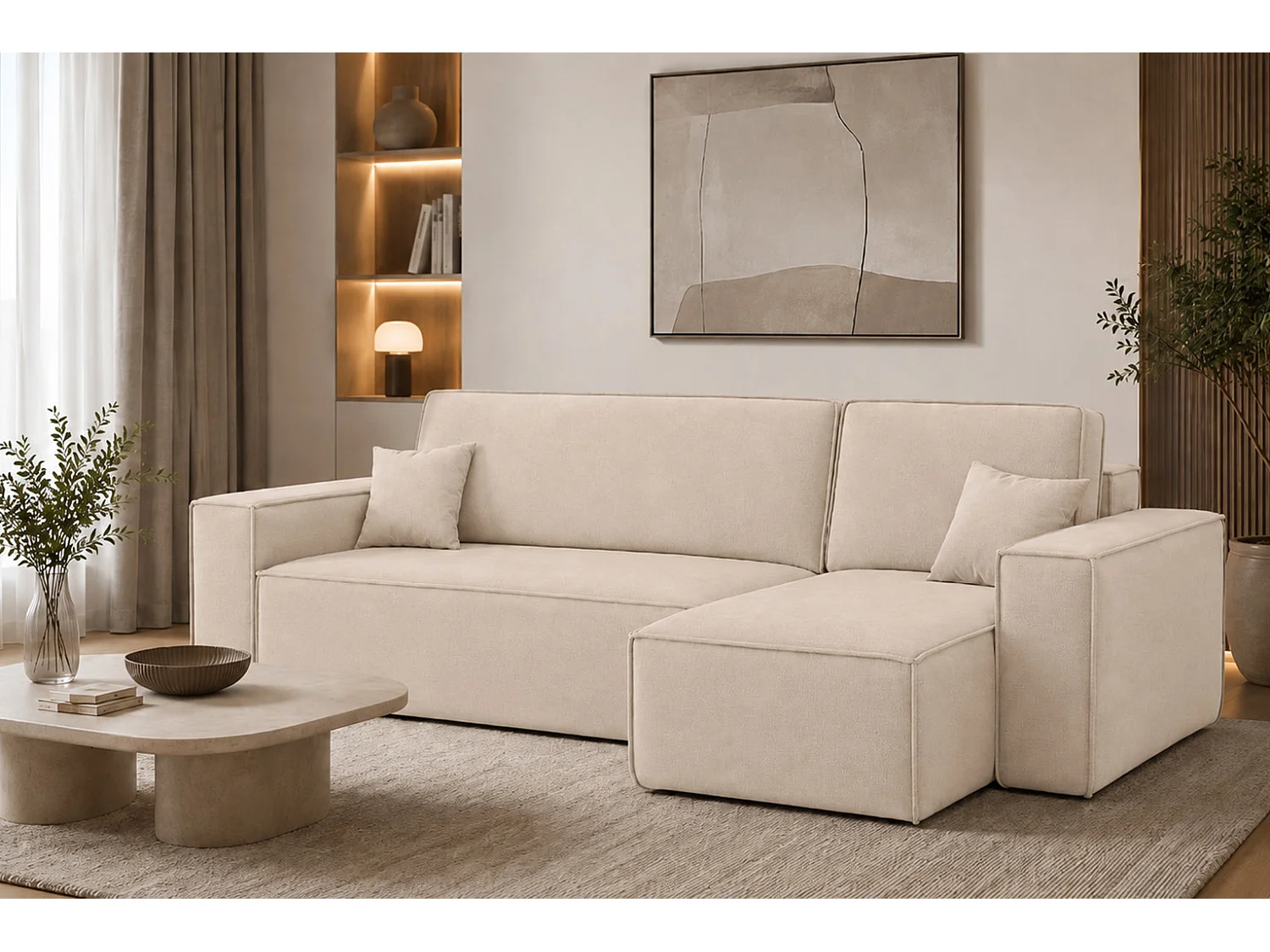 Canapé d’angle en L avec fonction couchage et coffre de rangement, tissu velours Bluvel, crème, droite, BEST L