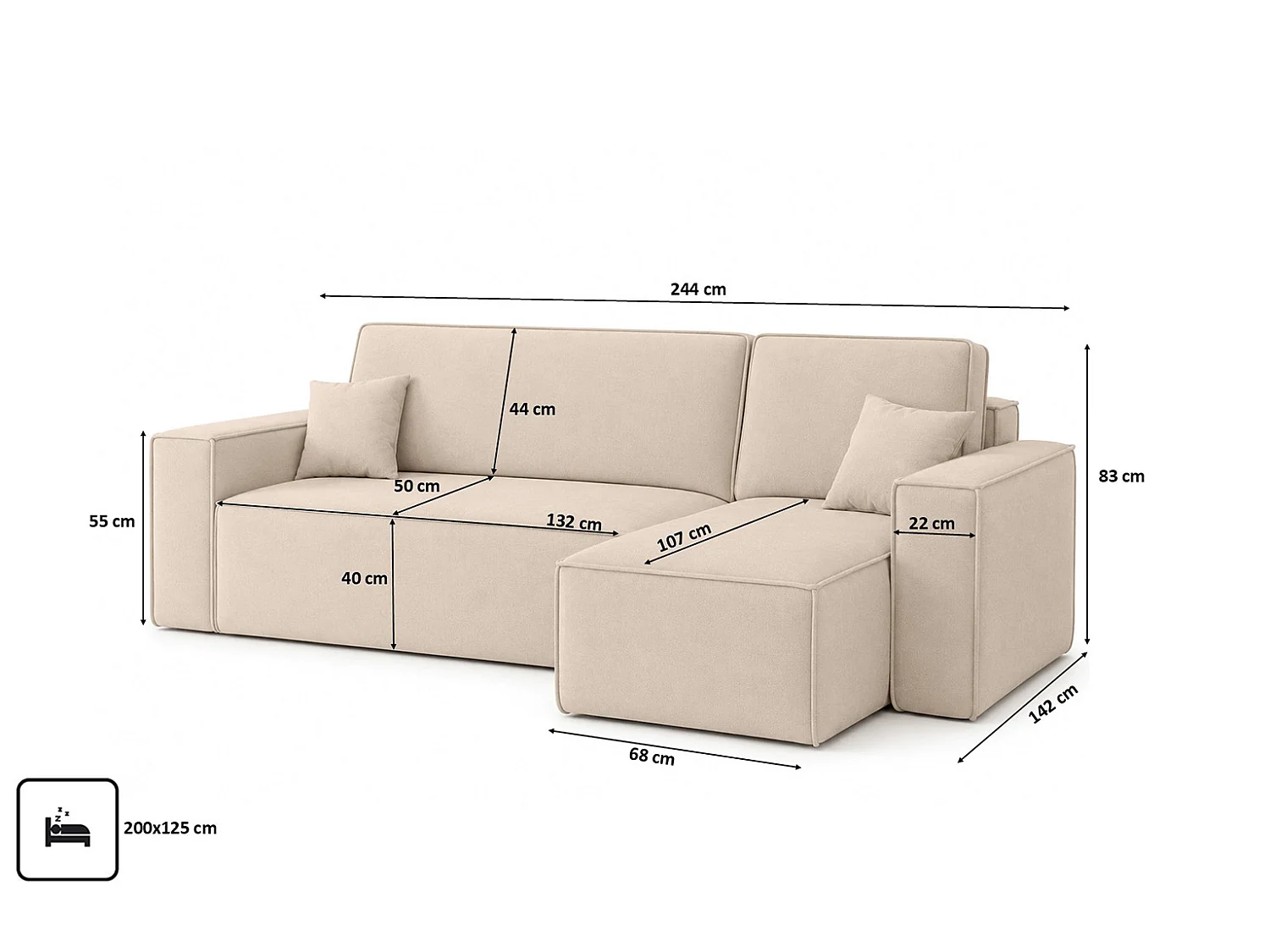 Canapé d’angle en L avec fonction couchage et coffre de rangement, tissu velours Bluvel, crème, droite, BEST L