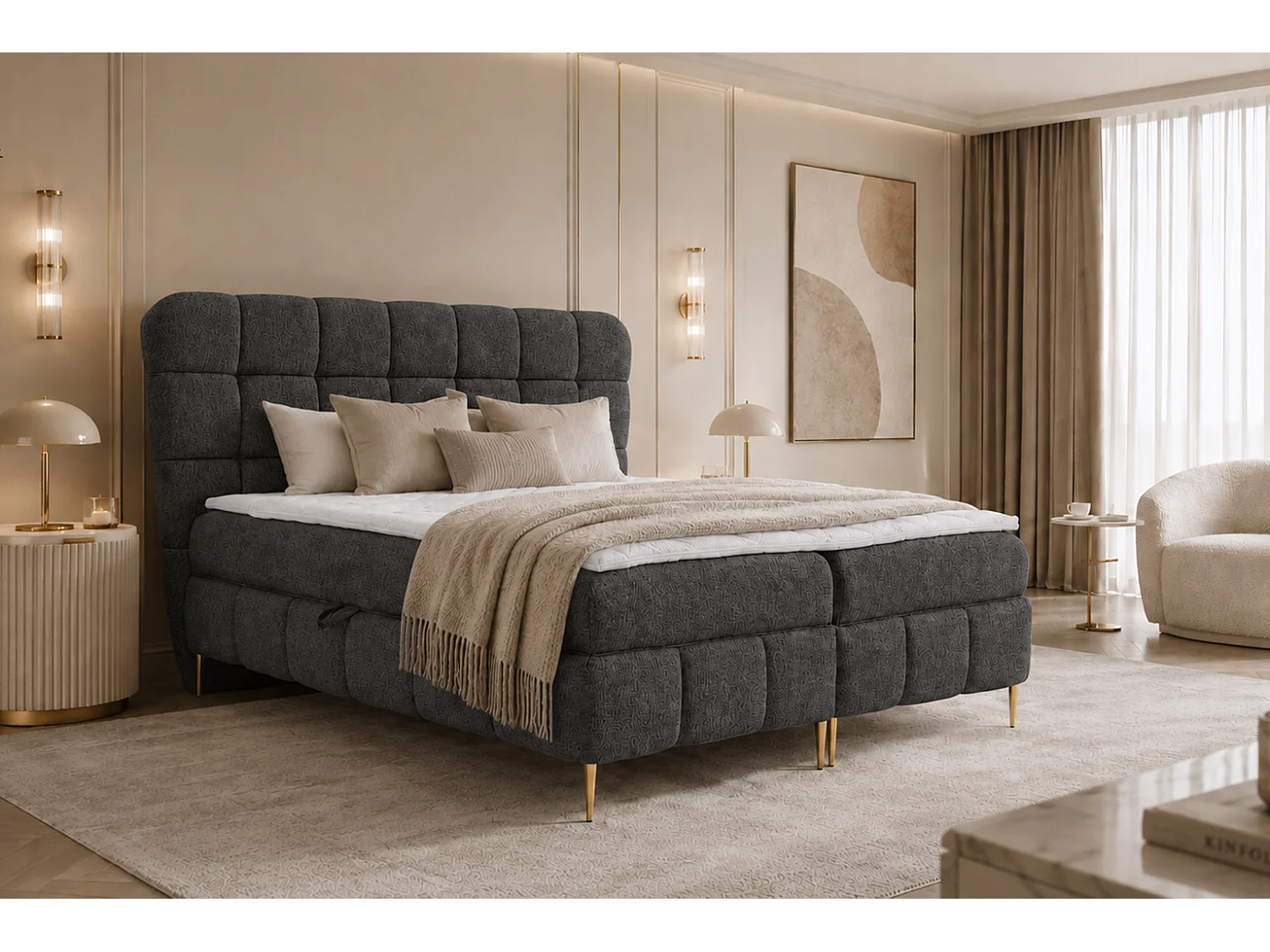 Lit boxspring avec deux coffres de rangement, tissu Corbett, graphite, 160x200 cm, LOLLY