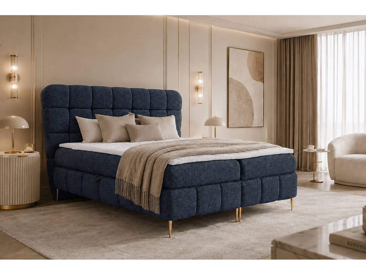 Lit boxspring avec deux coffres de rangement, tissu Corbett, bleu marine, 160x200 cm, LOLLY