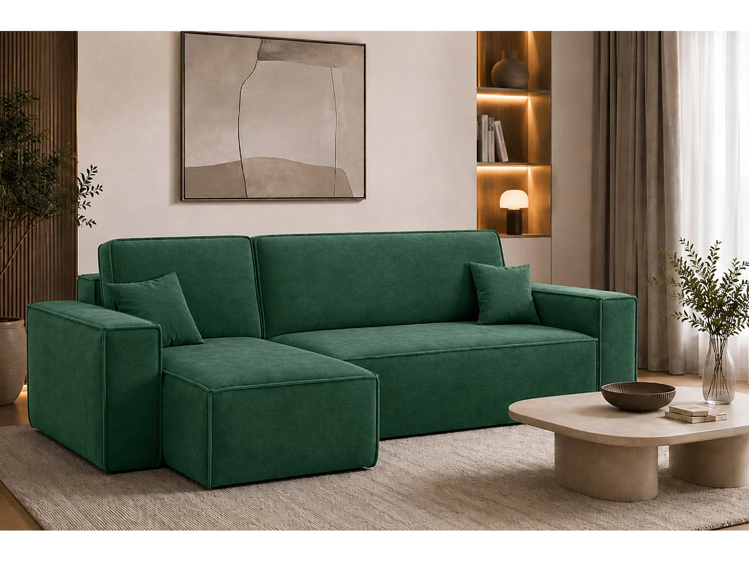 Canapé d’angle en L avec fonction couchage et coffre de rangement, tissu velours Bluvel, vert, gauche, BEST L