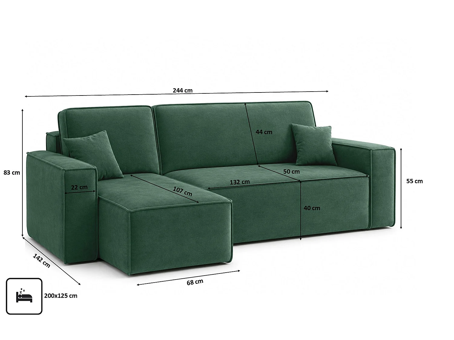 Canapé d’angle en L avec fonction couchage et coffre de rangement, tissu velours Bluvel, vert, gauche, BEST L