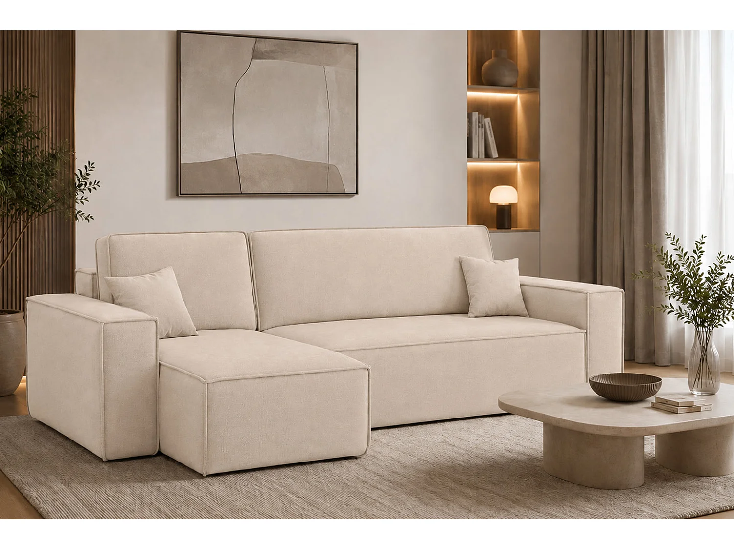 Canapé d’angle en L avec fonction couchage et coffre de rangement, tissu velours Bluvel, crème, gauche, BEST L