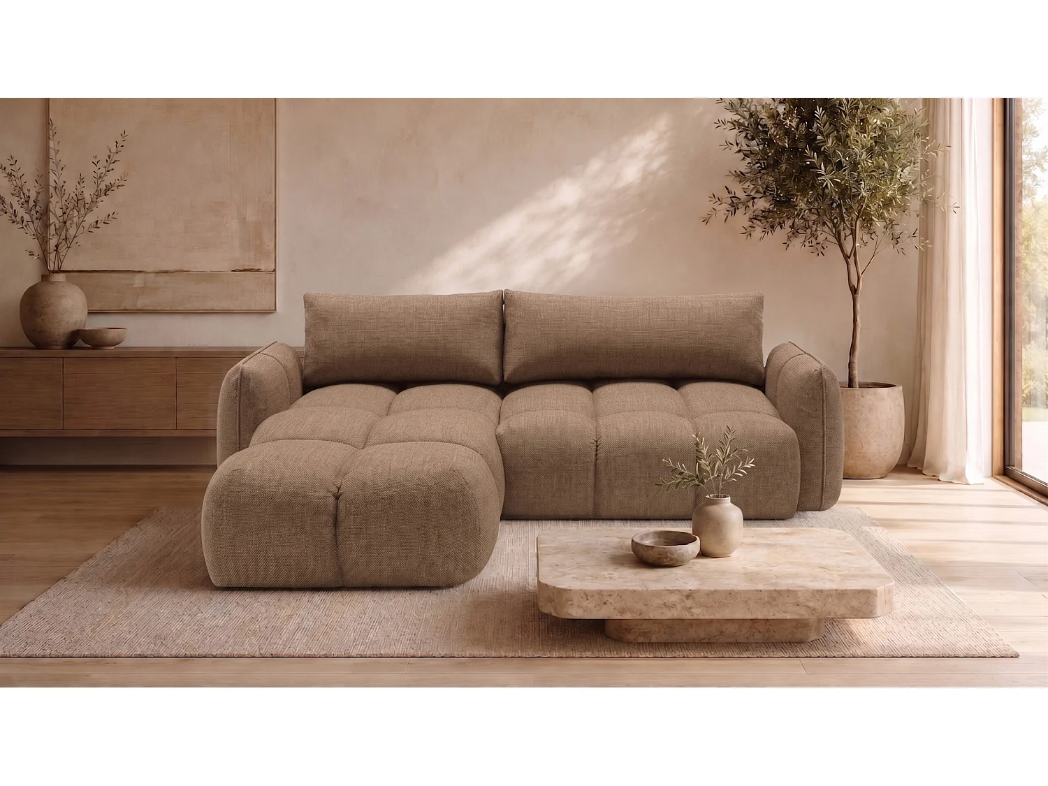 Canapé d’angle en L avec fonction couchage, Nexi, caramel, gauche, BELVEDER L