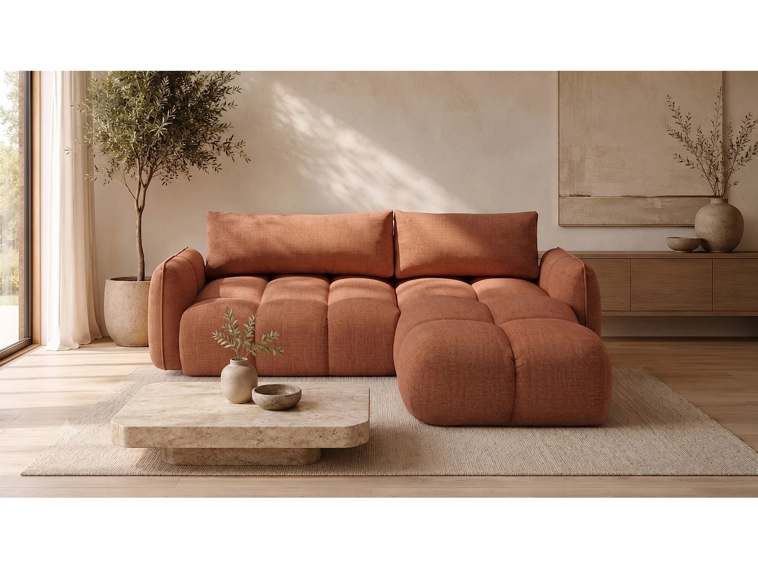 Canapé d’angle en L avec fonction couchage, Nexi, cuivre, droite, BELVEDER L