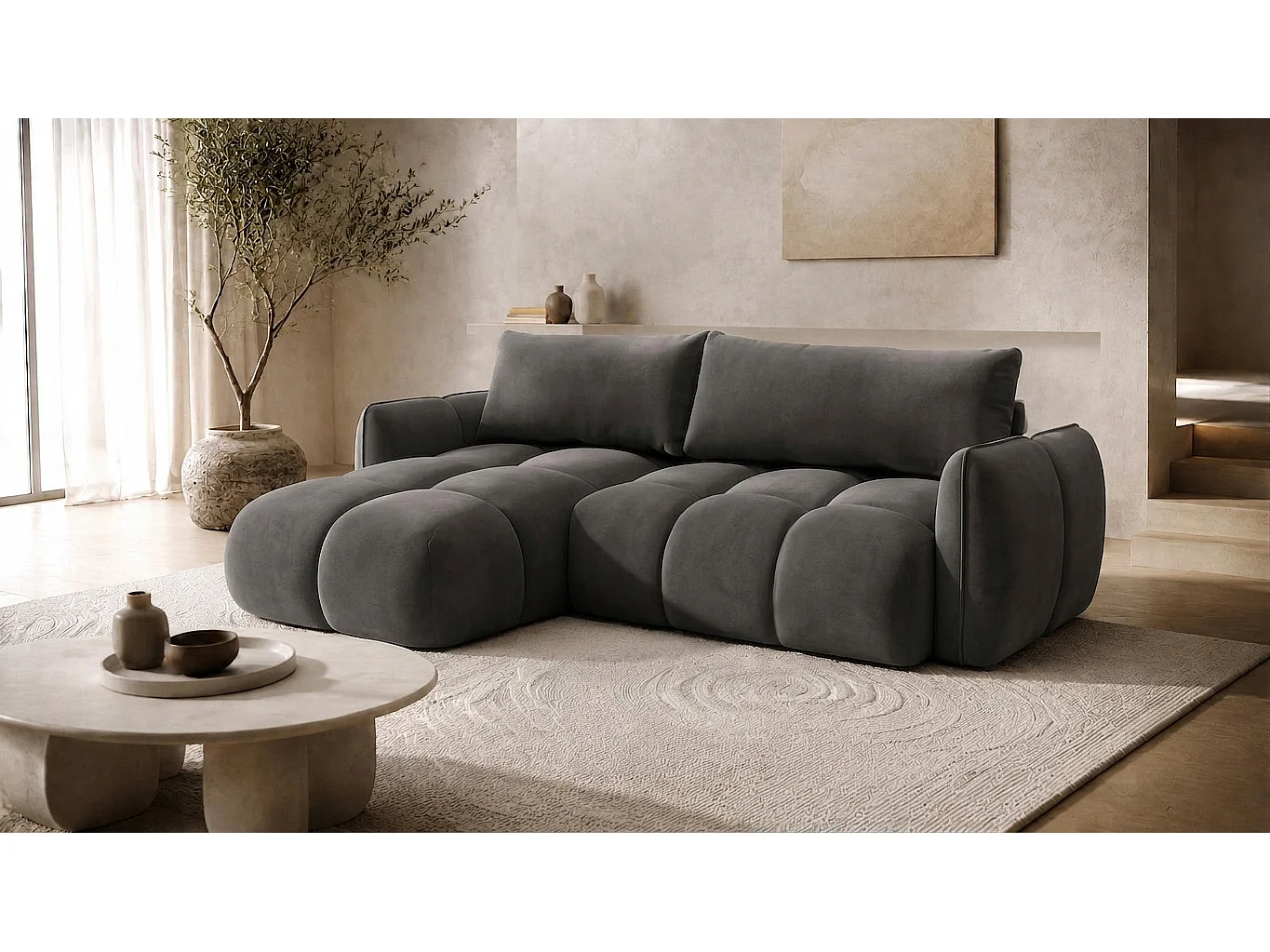 Divano angolare a L con funzione letto, tessuto velluto Bluvel, grigio cenere, sinistra, BELVEDER L
