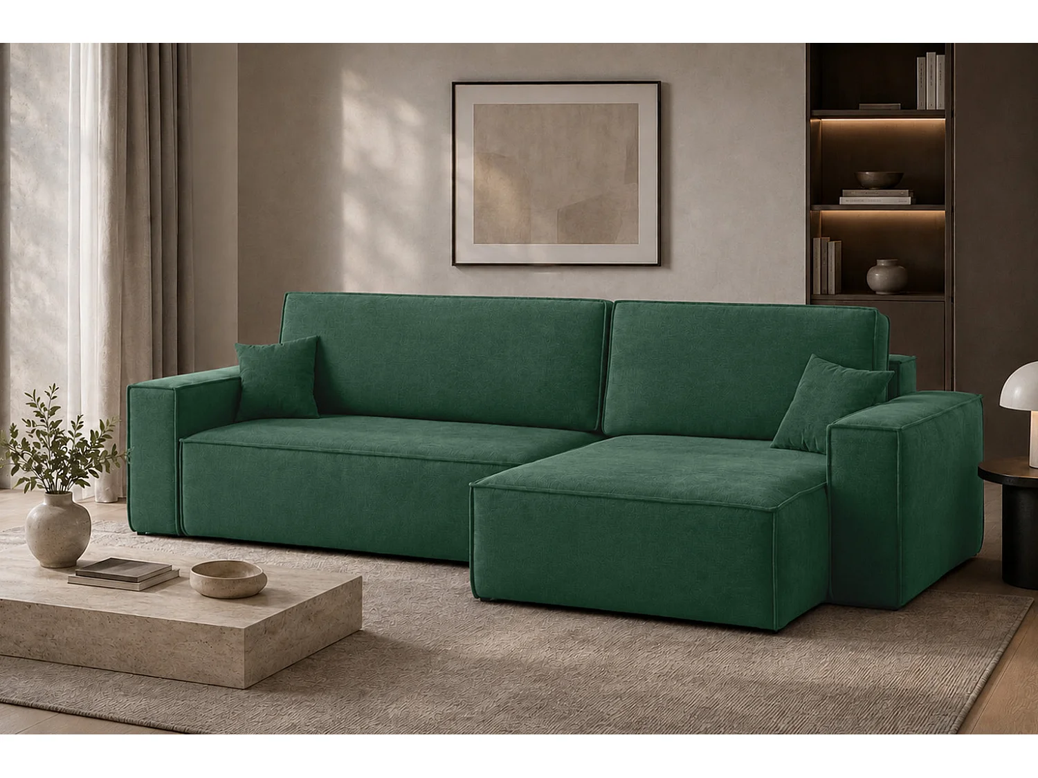 Canapé d’angle en L avec fonction couchage et coffre de rangement, tissu velours Bluvel, vert, droite, BEST XL