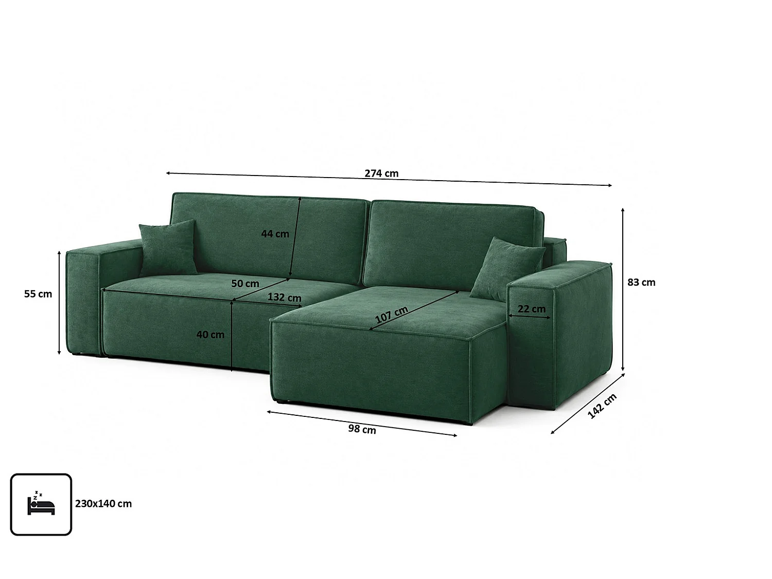 Canapé d’angle en L avec fonction couchage et coffre de rangement, tissu velours Bluvel, vert, droite, BEST XL