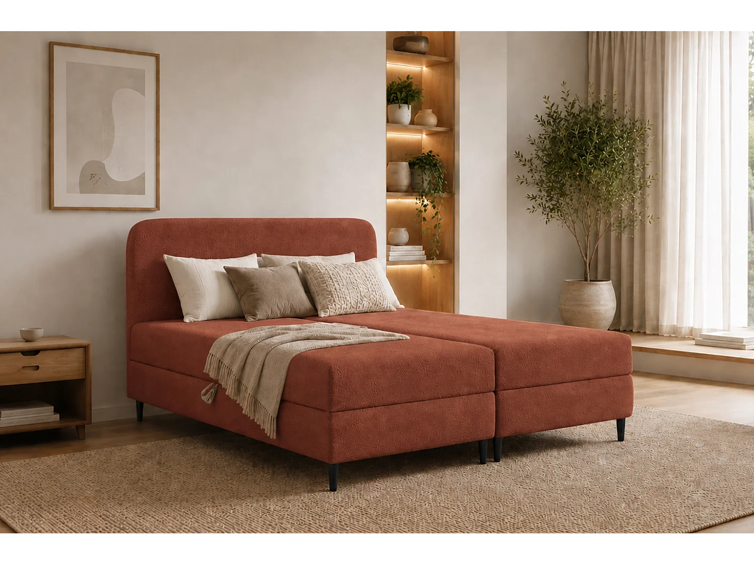 Lit boxspring avec deux coffres de rangement, tissu bouclé Lambi, cuivre, 160x200 cm, FUBU