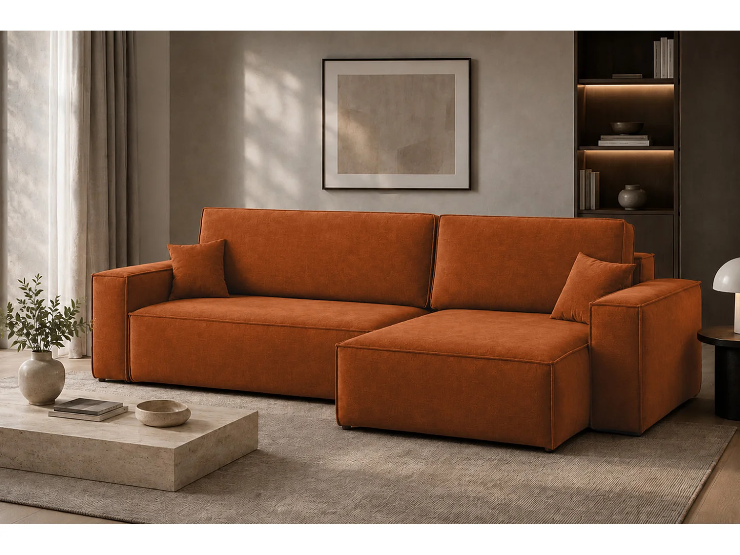 Canapé d’angle en L avec fonction couchage et coffre de rangement, tissu velours Bluvel, cannelle, droite, BEST XL