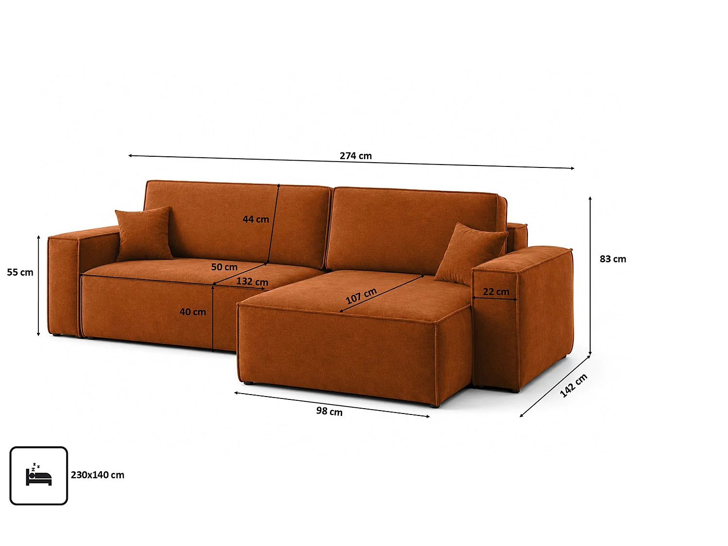 Canapé d’angle en L avec fonction couchage et coffre de rangement, tissu velours Bluvel, cannelle, droite, BEST XL