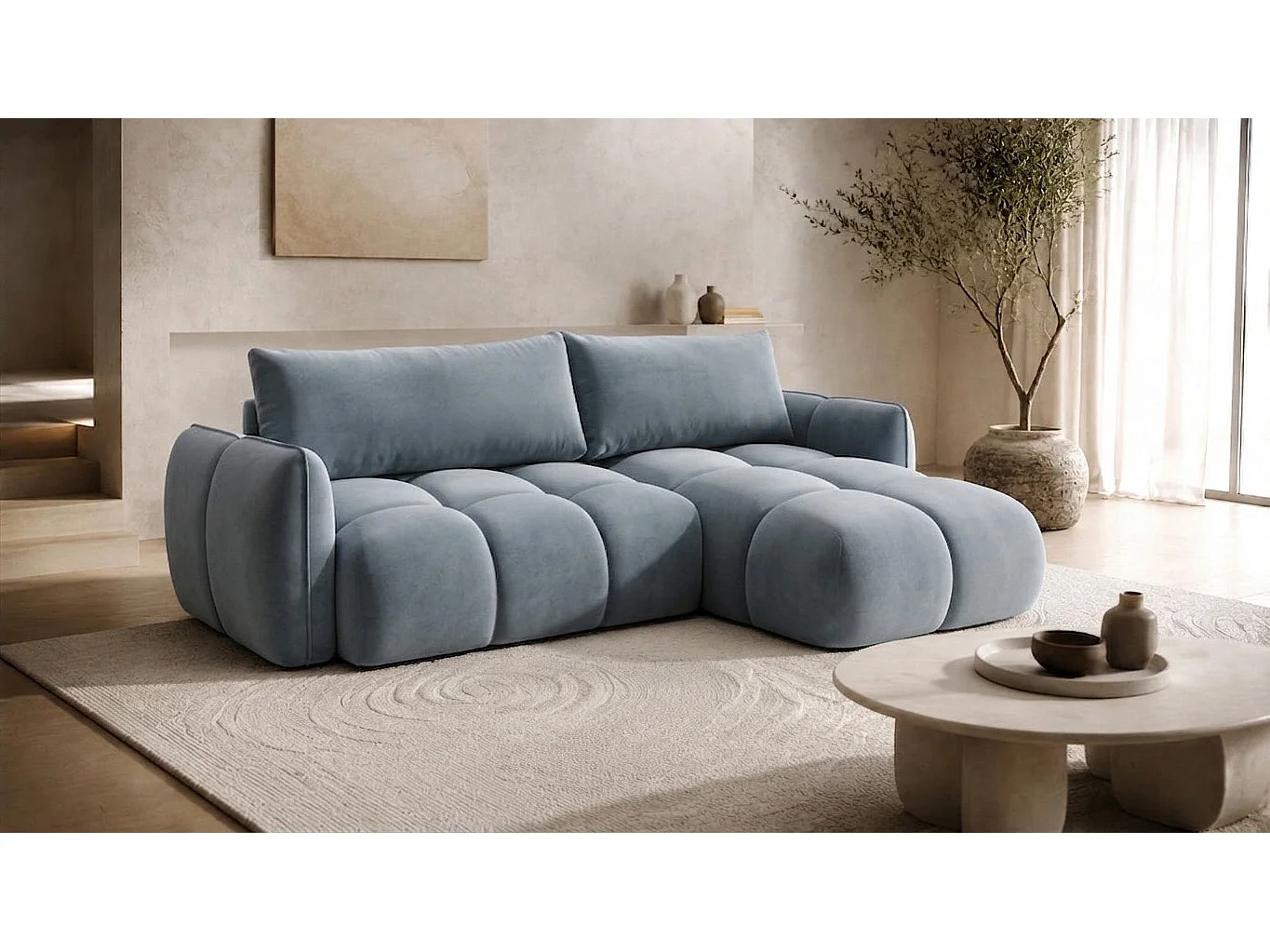Divano angolare a L con funzione letto, tessuto velluto Bluvel, grigio-blu, destra, BELVEDER L